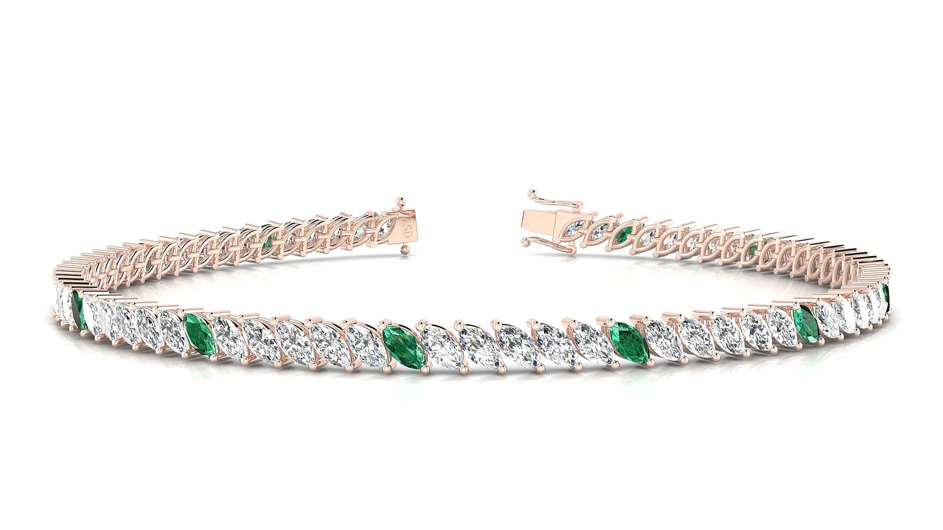Venezia 1-5 | 18k Rose Gold 4 x 2 mm Marquise Natural Emerald & Diamond 18 cm Tennis Bracelet