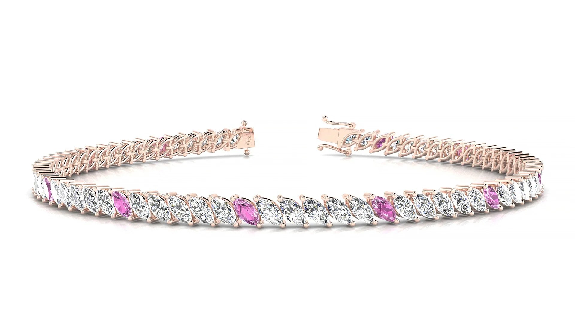 Venezia 1-5 | 18k Rose Gold 4 x 2 mm Marquise Natural Pink Sapphire & Diamond 18 cm Tennis Bracelet