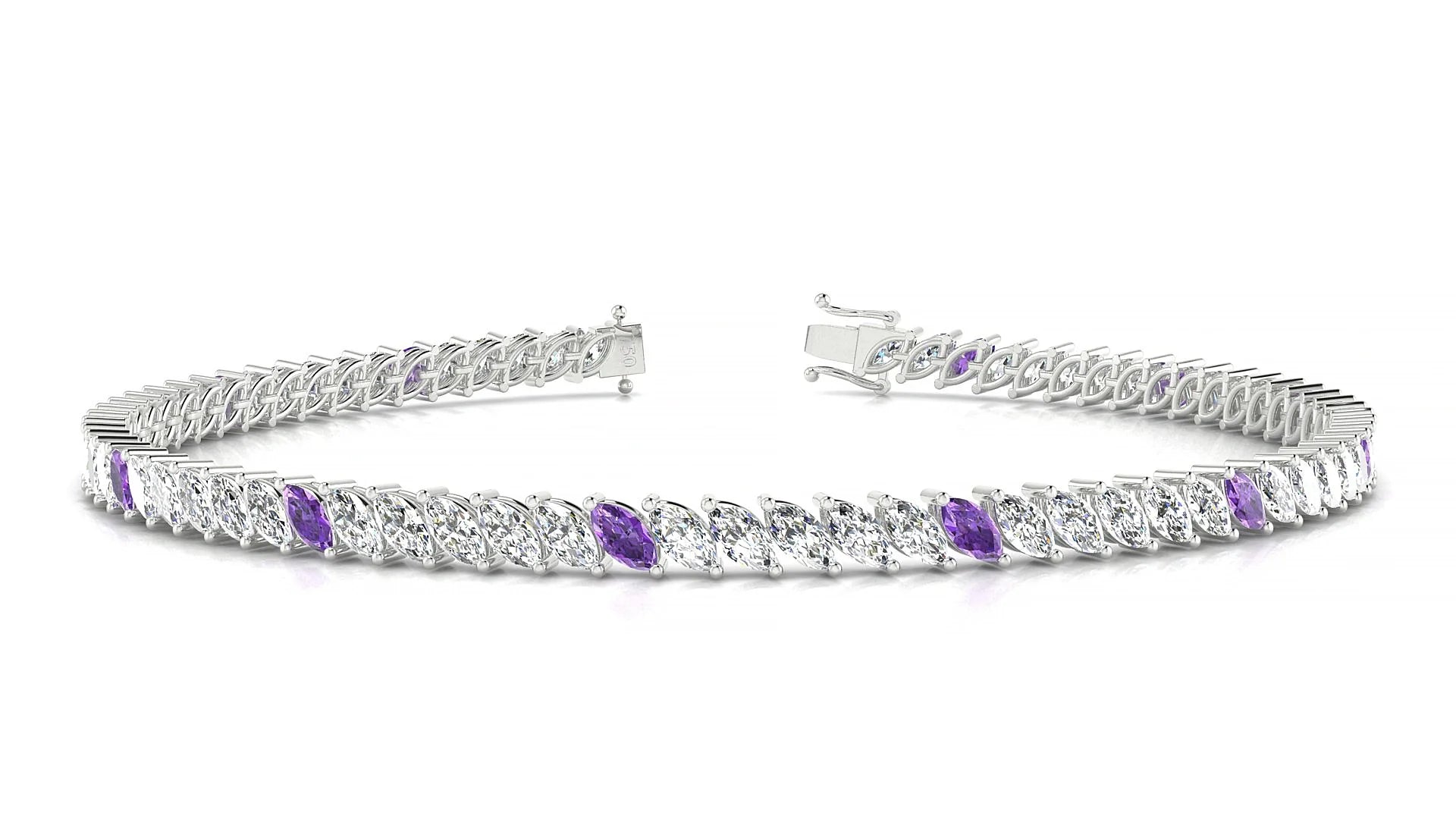 Venezia 1-5 | 18k White Gold 4 x 2 mm Marquise Natural Amethyst & Diamond Tennis Bracelet