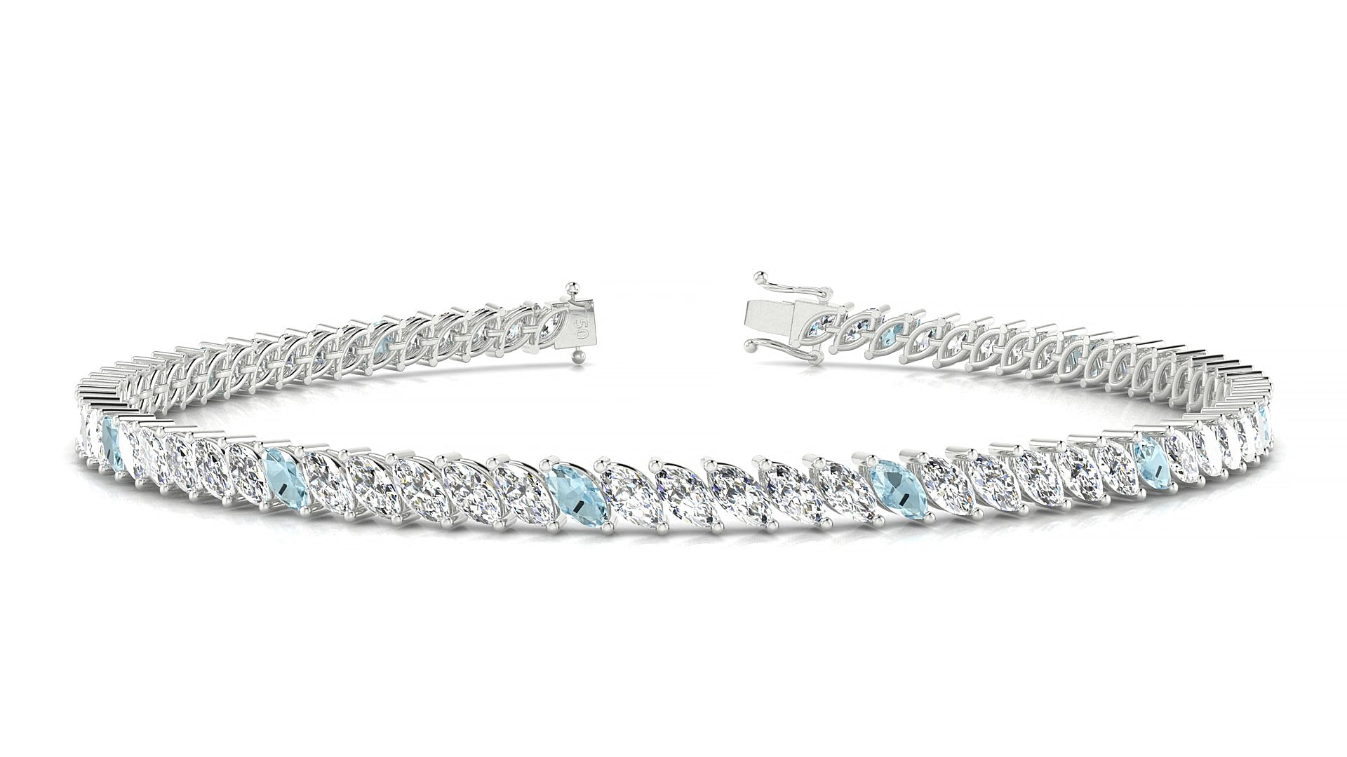Venezia 1-5 | 18k White Gold 4 x 2 mm Marquise Natural Aquamarine & Diamond 15 cm Tennis Bracelet