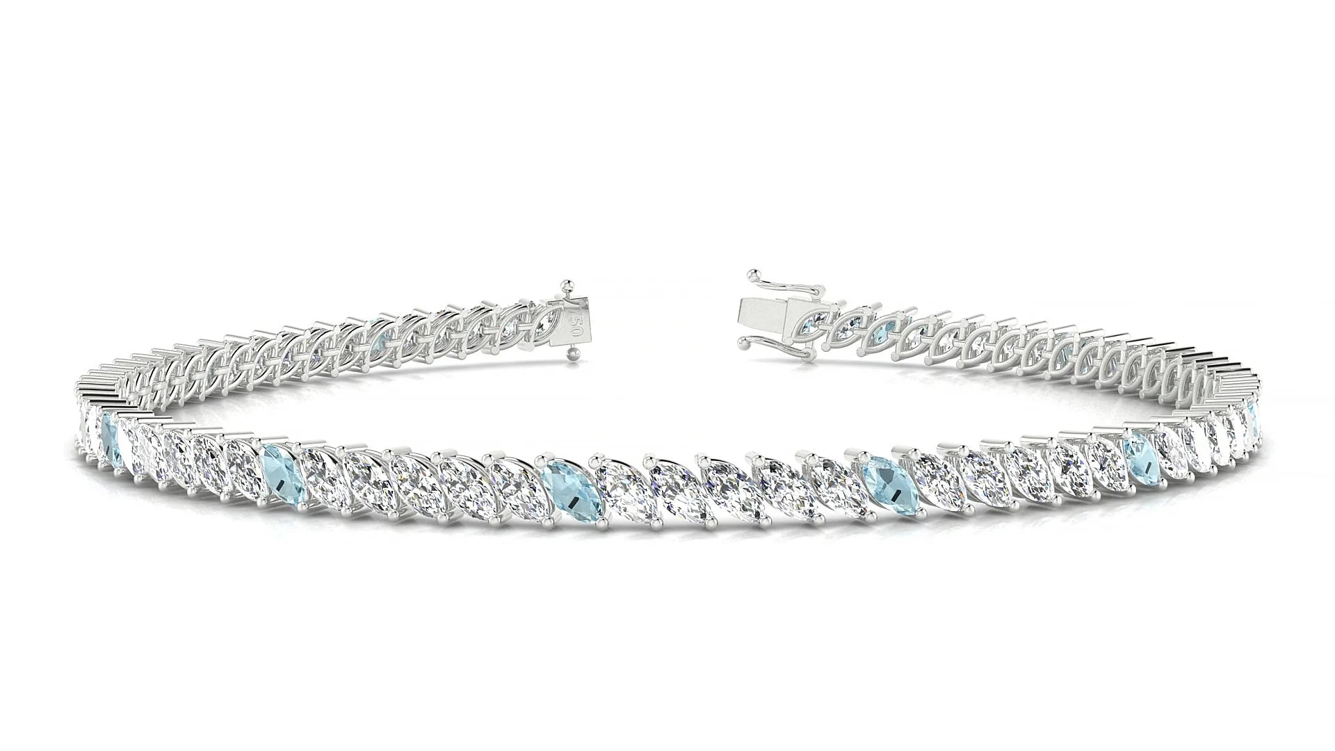 Venezia 1-5 | 18k White Gold 4 x 2 mm Marquise Natural Aquamarine & Diamond Tennis Bracelet