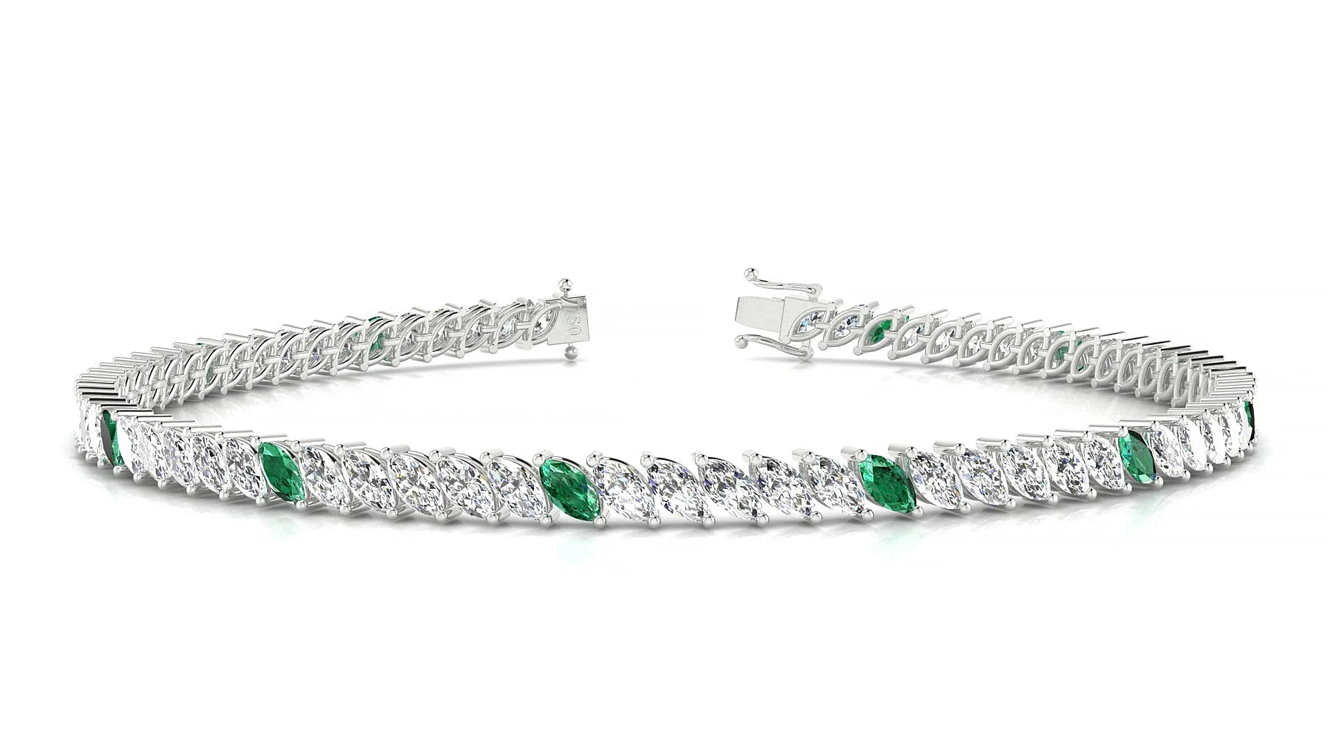 Venezia 1-5 | 18k White Gold 4 x 2 mm Marquise Natural Emerald & Diamond 18 cm Tennis Bracelet