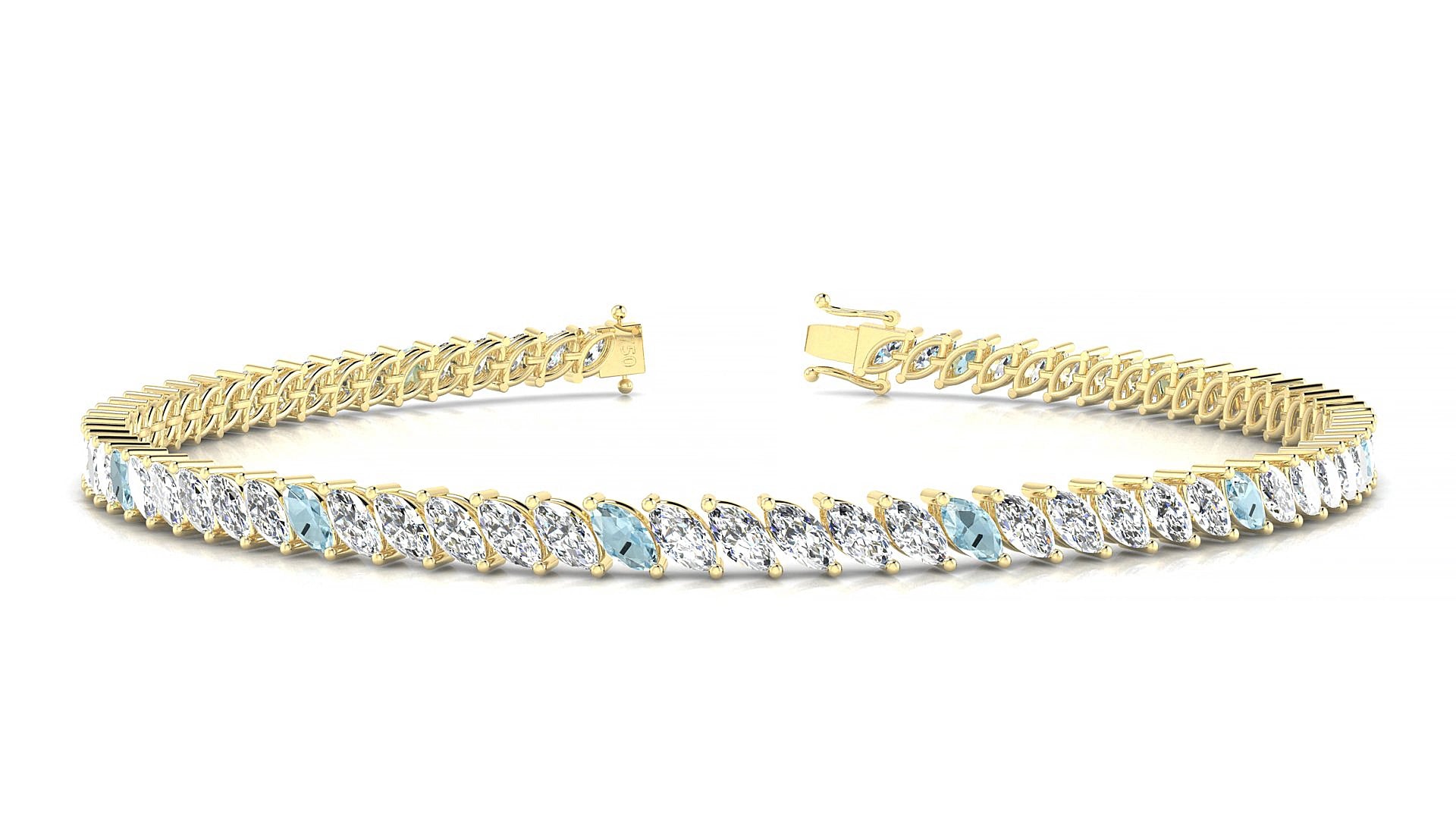 Venezia 1-5 | 18k Yellow Gold 4 x 2 mm Marquise Natural Aquamarine & Diamond 15 cm Tennis Bracelet