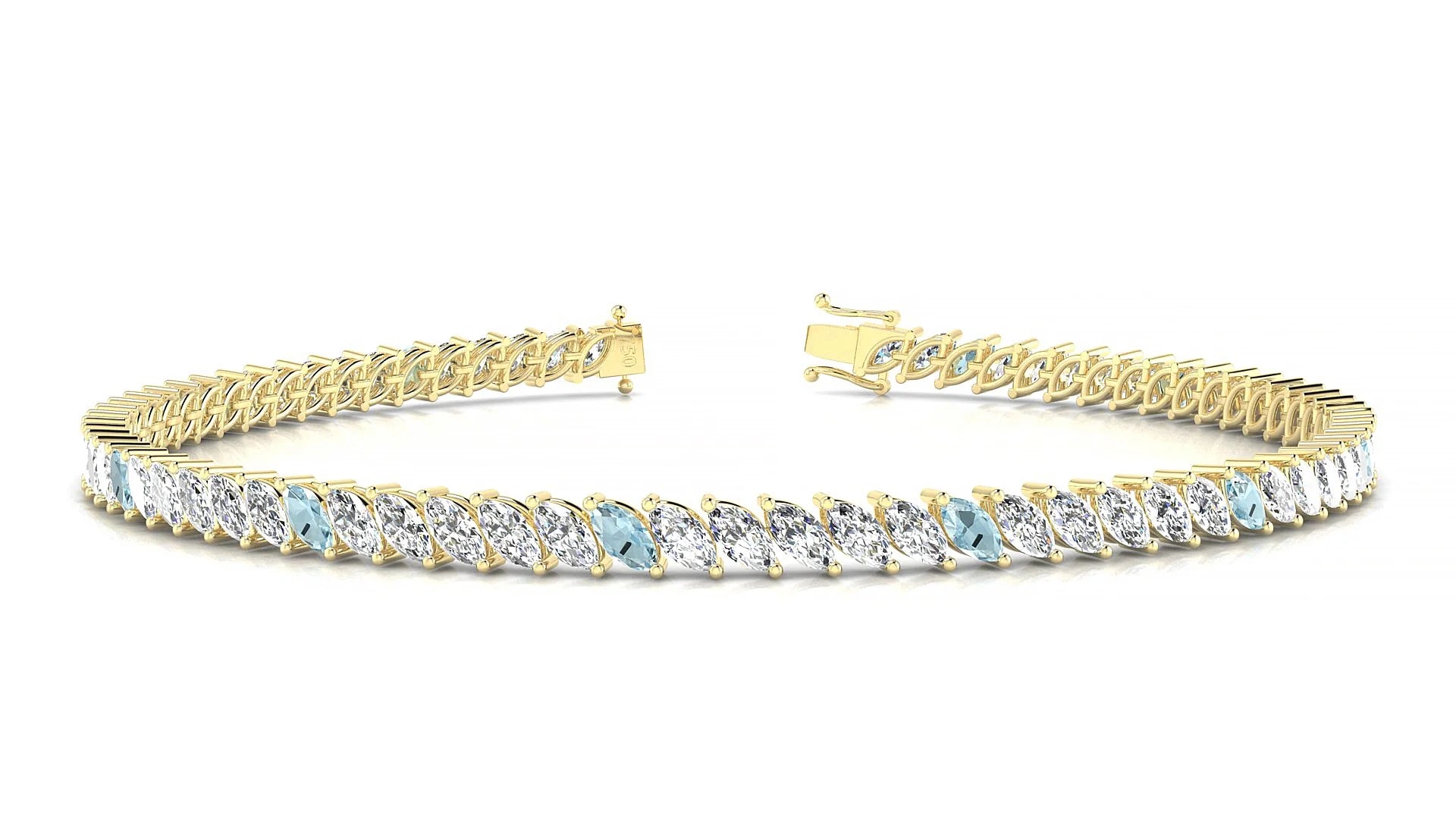 Venezia 1-5 | 18k Yellow Gold 4 x 2 mm Marquise Natural Aquamarine & Diamond Tennis Bracelet