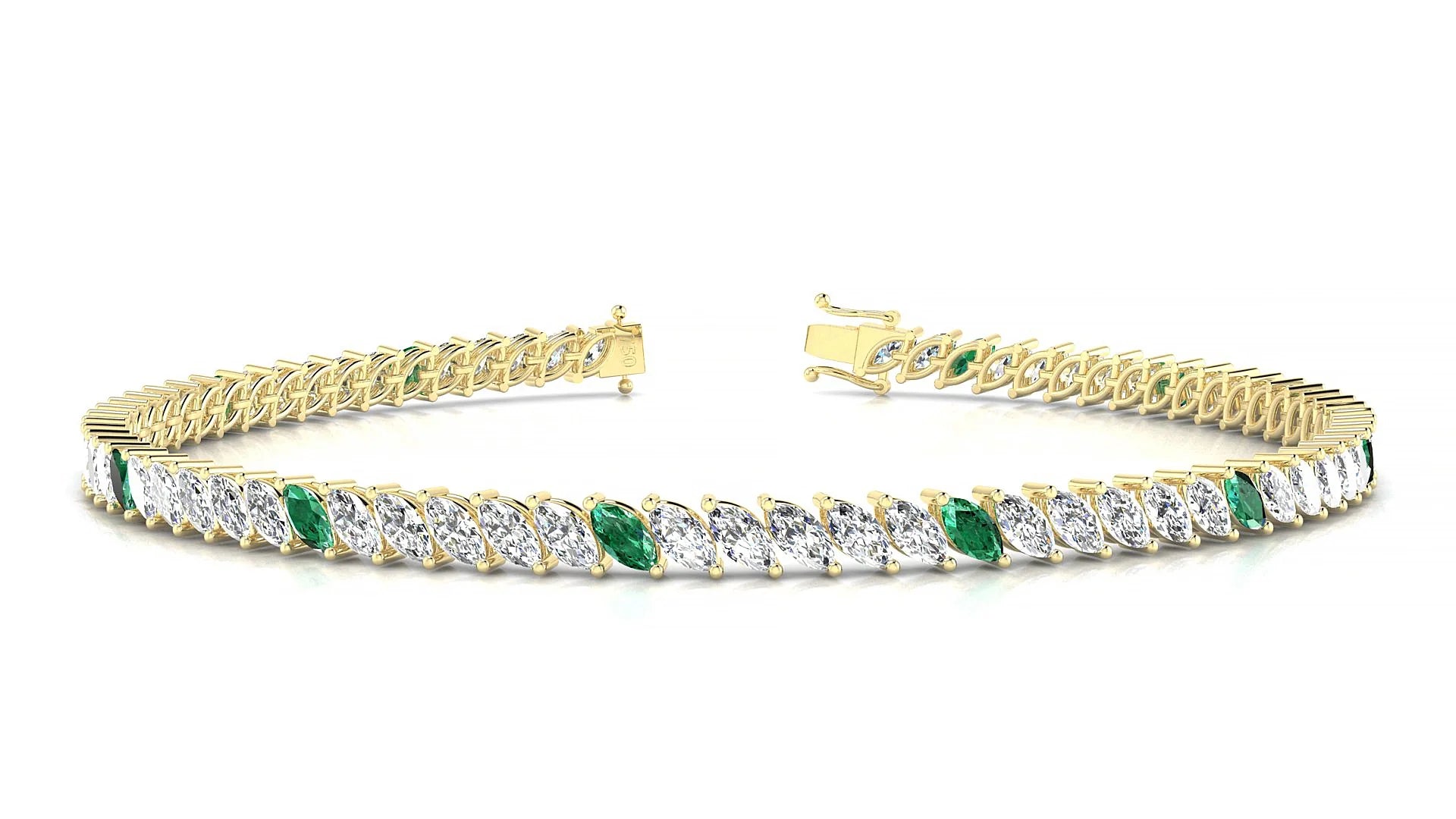 Venezia 1-5 | 18k Yellow Gold 4 x 2 mm Marquise Natural Emerald & Diamond 18 cm Tennis Bracelet