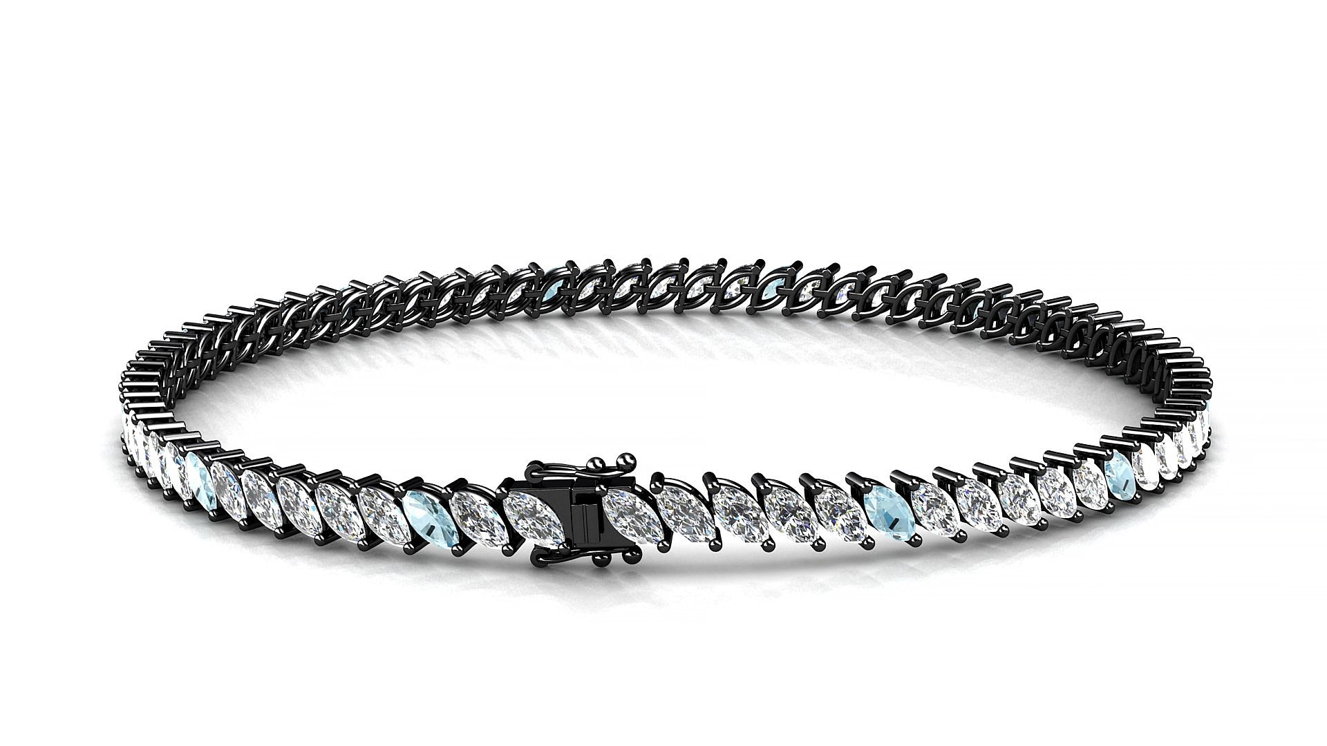 Venezia 1-5 | 18k Black Gold 4 x 2 mm Marquise Natural Aquamarine & Diamond 15 cm Tennis Bracelet