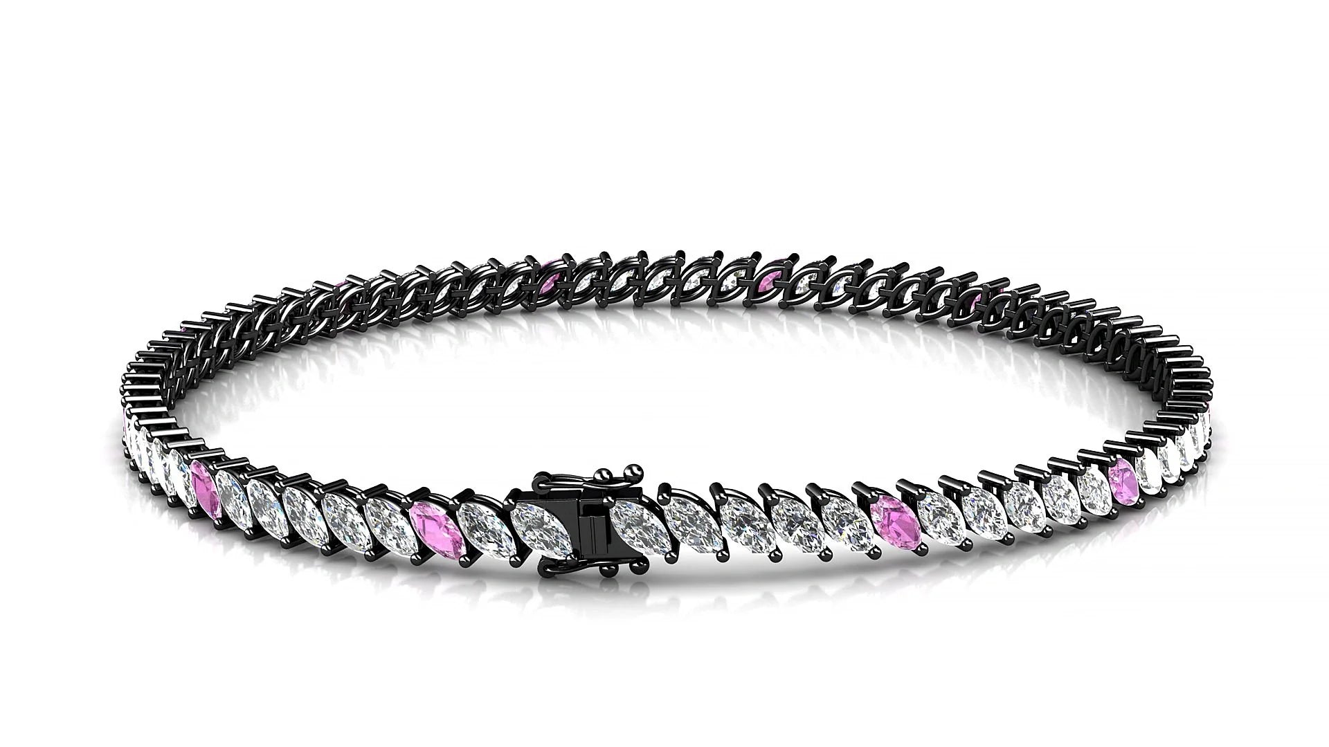 Venezia 1-5 | 18k Black Gold 4 x 2 mm Marquise Natural Pink Sapphire & Diamond 18 cm Tennis Bracelet