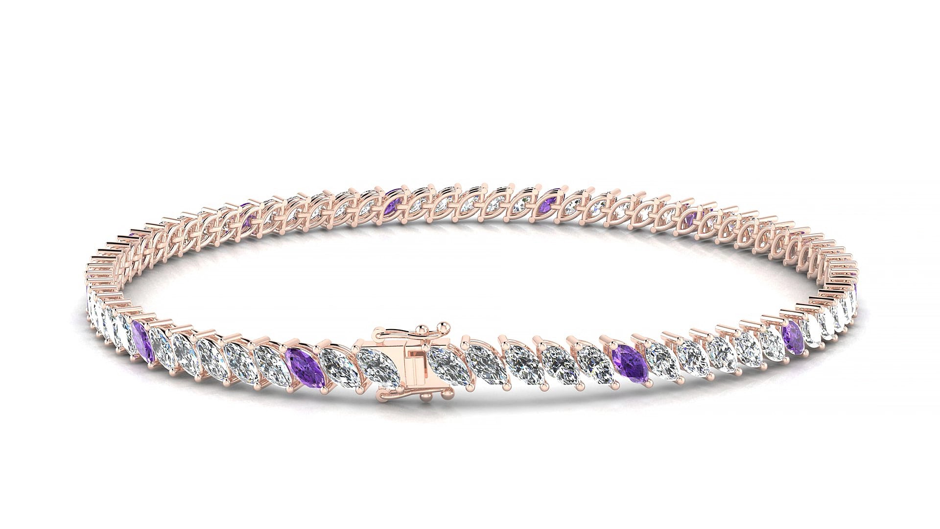 Venezia 1-5 | 18k Rose Gold 4 x 2 mm Marquise Natural Amethyst & Diamond 16 cm Tennis Bracelet