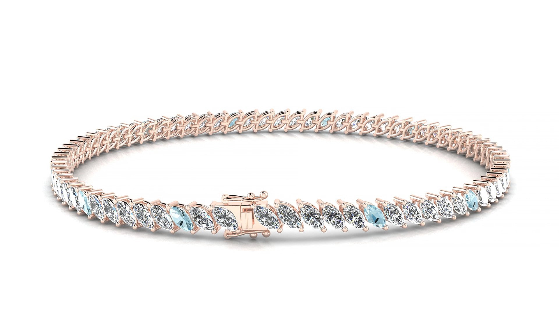 Venezia 1-5 | 18k Rose Gold 4 x 2 mm Marquise Natural Aquamarine & Diamond 15 cm Tennis Bracelet