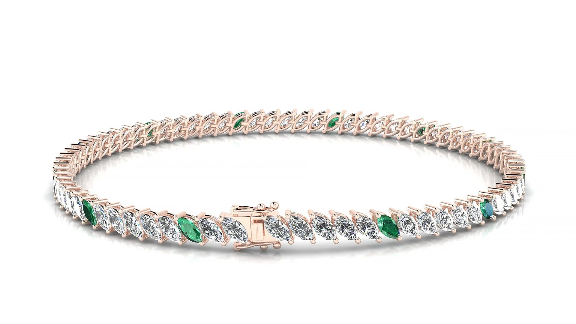 Venezia 1-5 | 18k Rose Gold 4 x 2 mm Marquise Natural Emerald & Diamond 18 cm Tennis Bracelet