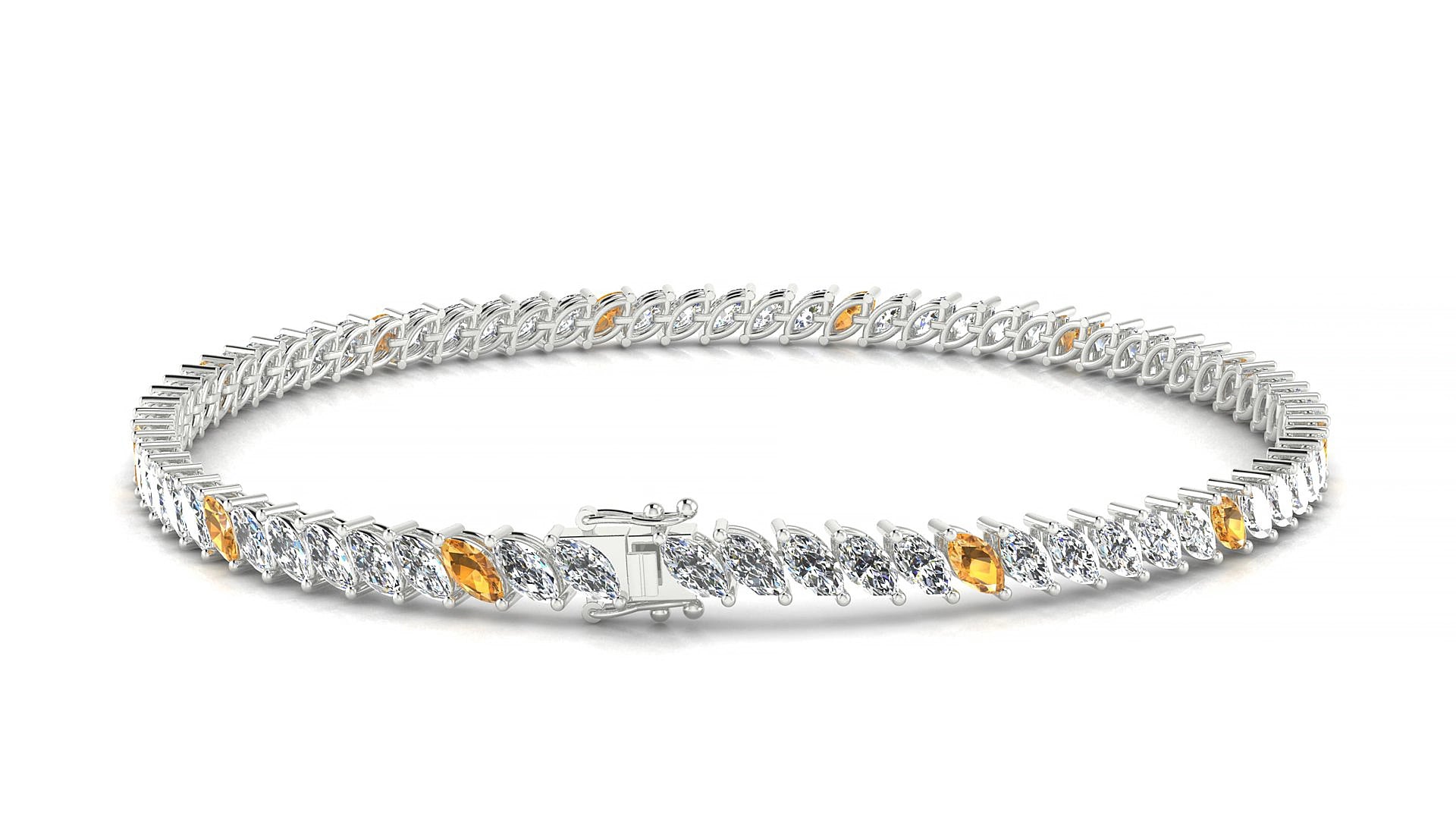 Venezia 1-5 | 18k White Gold 4 x 2 mm Marquise Natural Citrine & Diamond 16 cm Tennis Bracelet