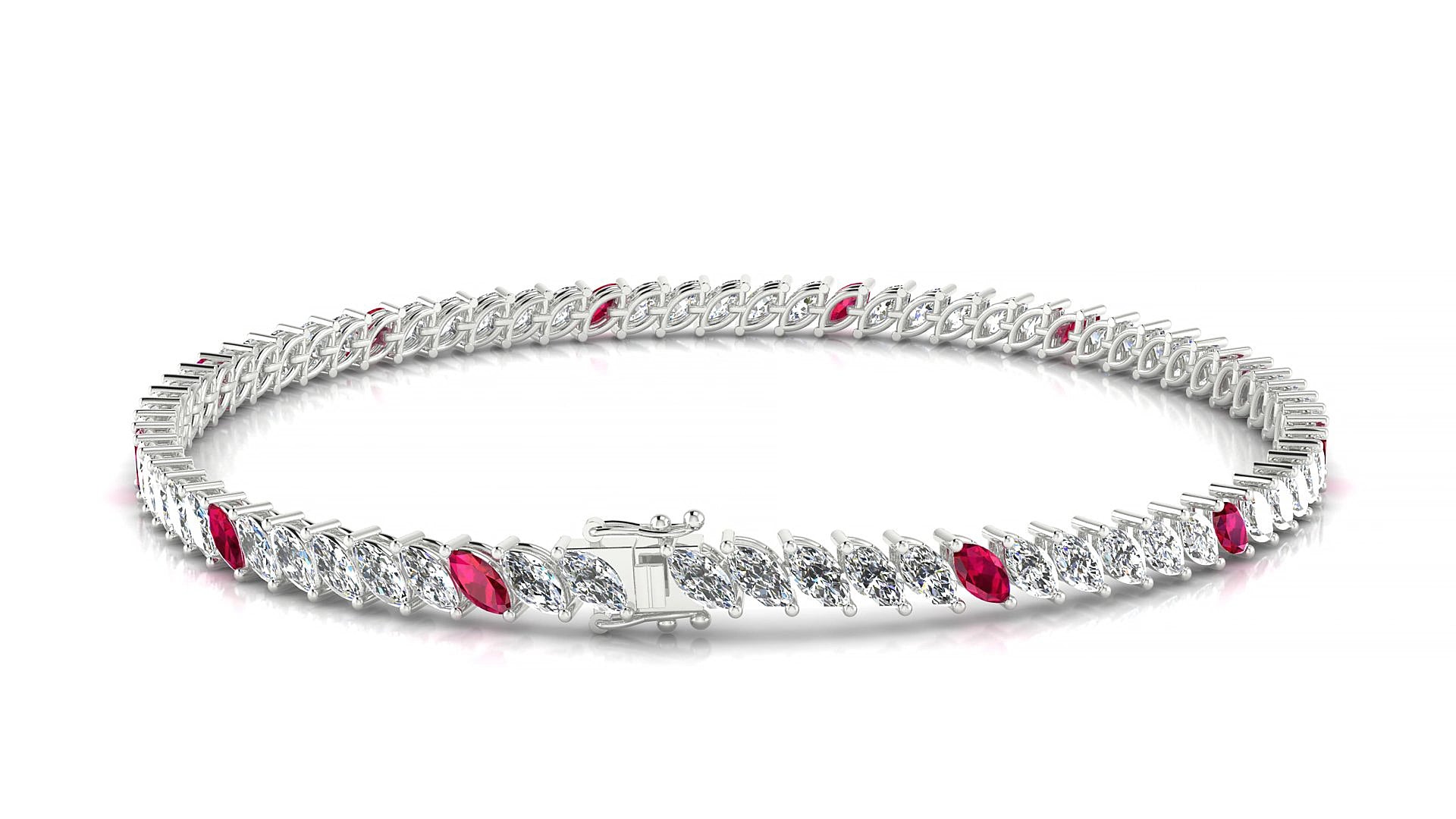Venezia 1-5 | 18k White Gold 4 x 2 mm Marquise Natural Ruby & Diamond 15 cm Tennis Bracelet