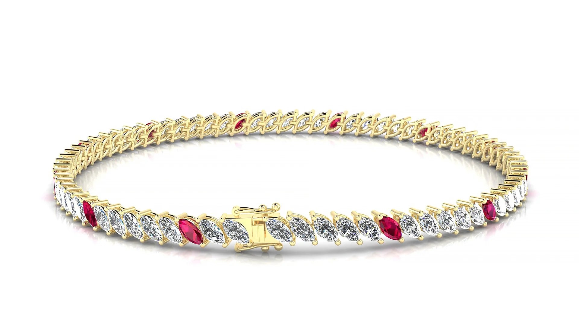 Venezia 1-5 | 18k Yellow Gold 4 x 2 mm Marquise Natural Ruby & Diamond 18 cm Tennis Bracelet