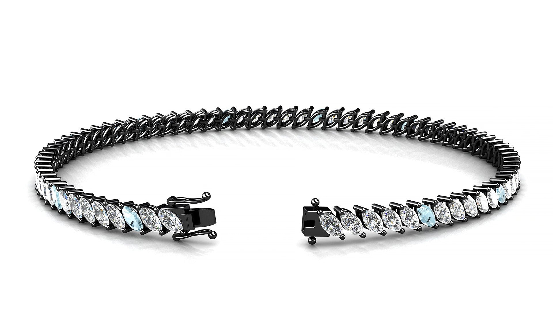 Venezia 1-5 | 18k Black Gold 4 x 2 mm Marquise Natural Aquamarine & Diamond 15 cm Tennis Bracelet