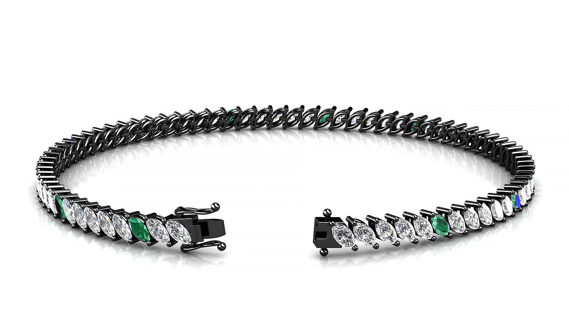 Venezia 1-5 | 18k Black Gold 4 x 2 mm Marquise Natural Emerald & Diamond 15 cm Tennis Bracelet