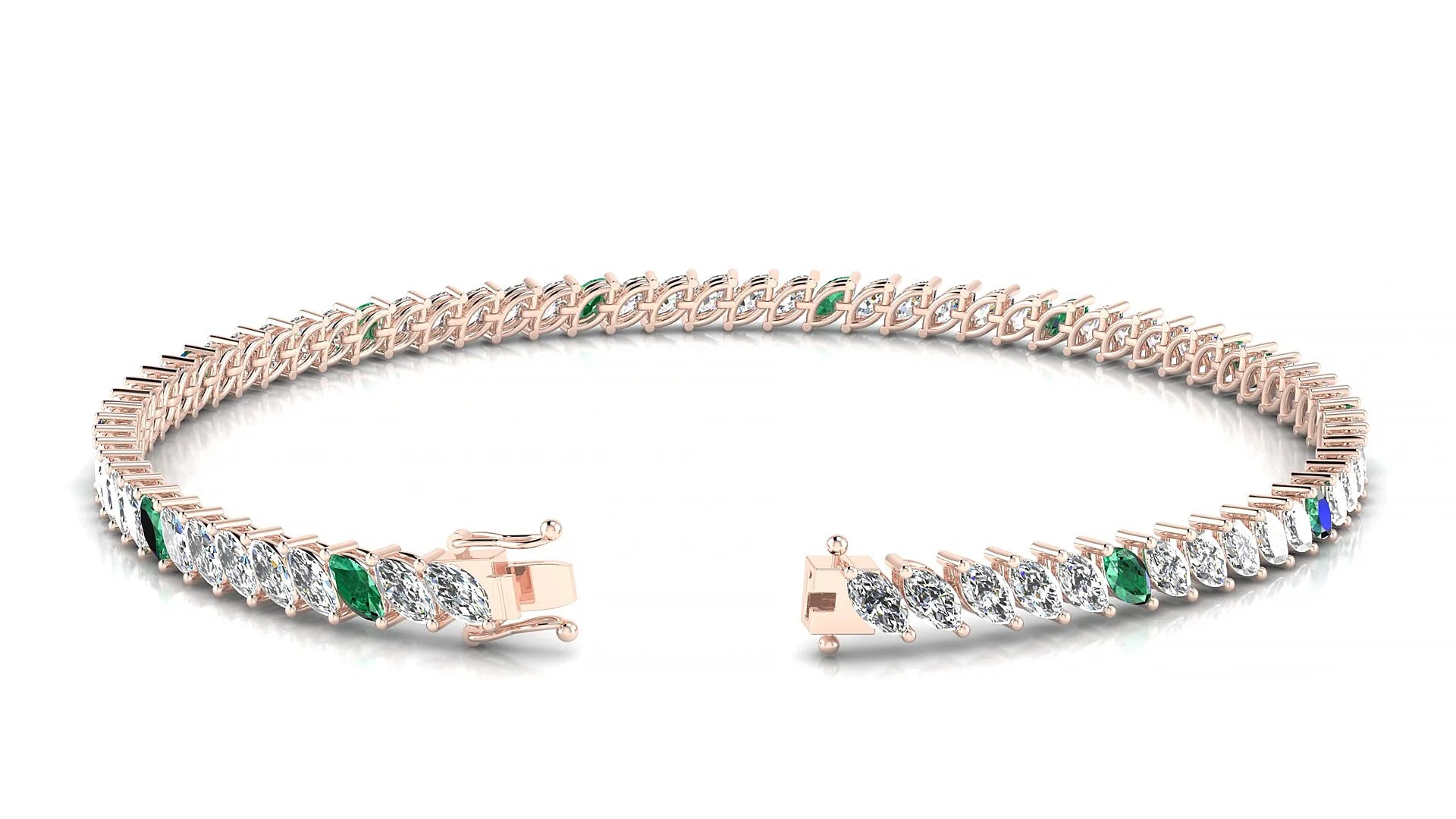 Venezia 1-5 | 18k Rose Gold 4 x 2 mm Marquise Natural Emerald & Diamond 18 cm Tennis Bracelet