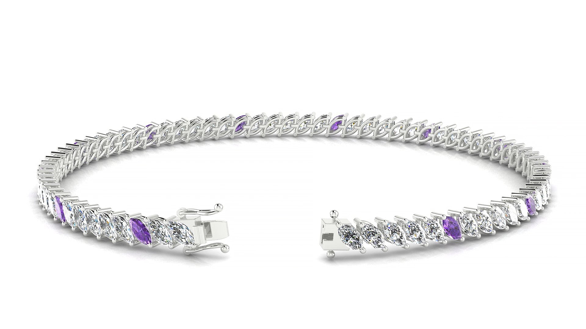 Venezia 1-5 | 18k White Gold 4 x 2 mm Marquise Natural Amethyst & Diamond 16 cm Tennis Bracelet