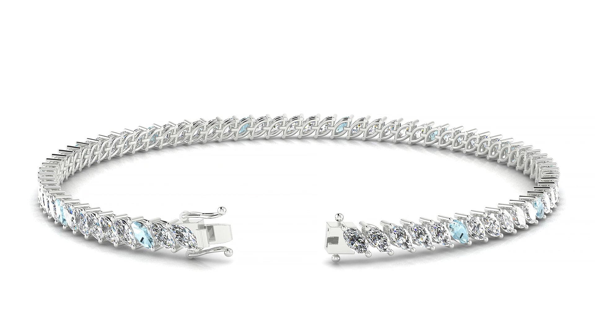 Venezia 1-5 | 18k White Gold 4 x 2 mm Marquise Natural Aquamarine & Diamond 15 cm Tennis Bracelet