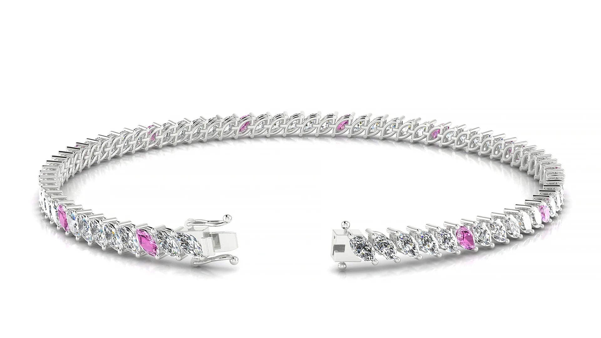 Venezia 1-5 | 18k White Gold 4 x 2 mm Marquise Natural Pink Sapphire & Diamond 18 cm Tennis Bracelet