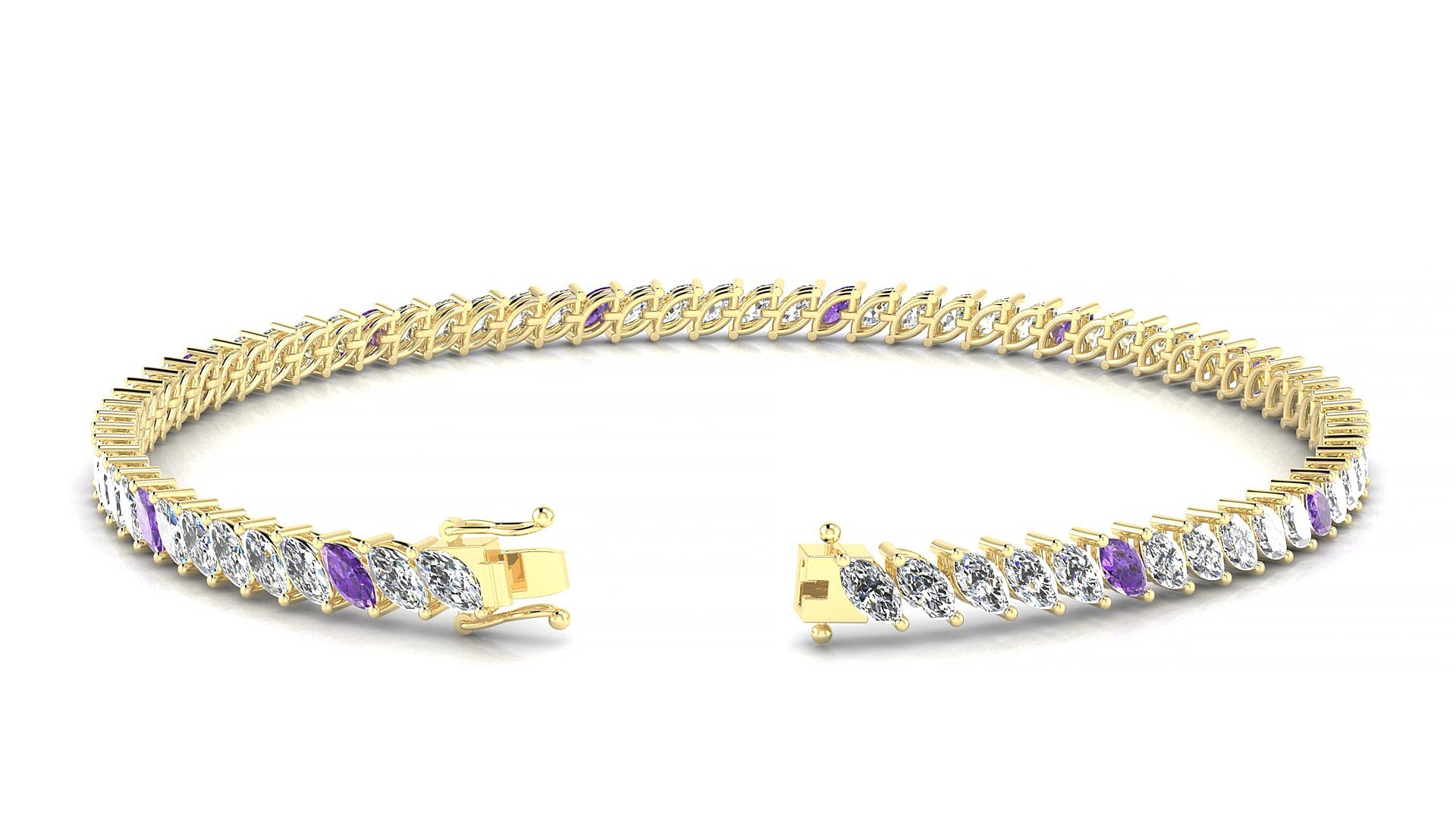 Venezia 1-5 | 18k Yellow Gold 4 x 2 mm Marquise Natural Amethyst & Diamond 16 cm Tennis Bracelet