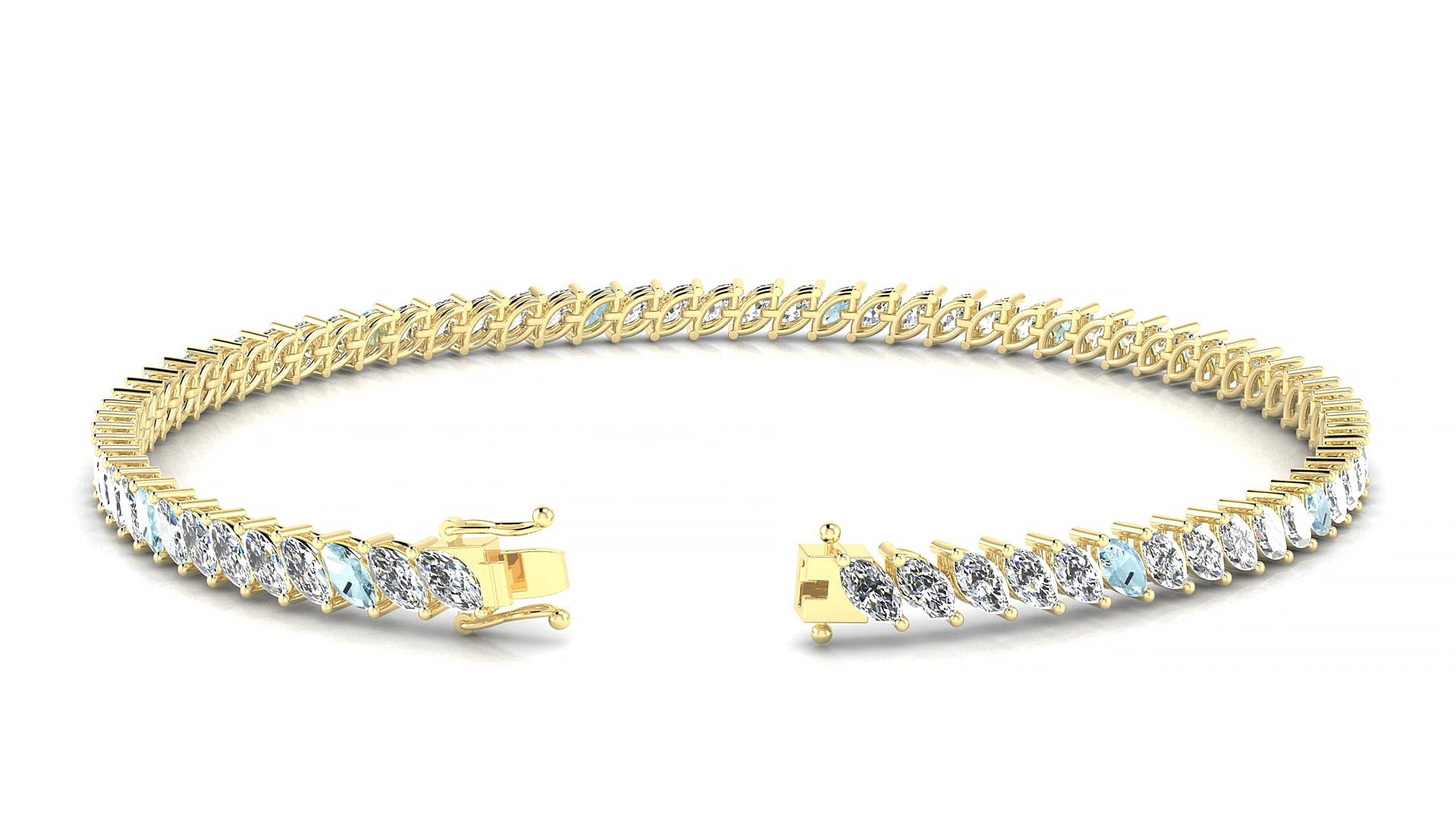 Venezia 1-5 | 18k Yellow Gold 4 x 2 mm Marquise Natural Aquamarine & Diamond 15 cm Tennis Bracelet