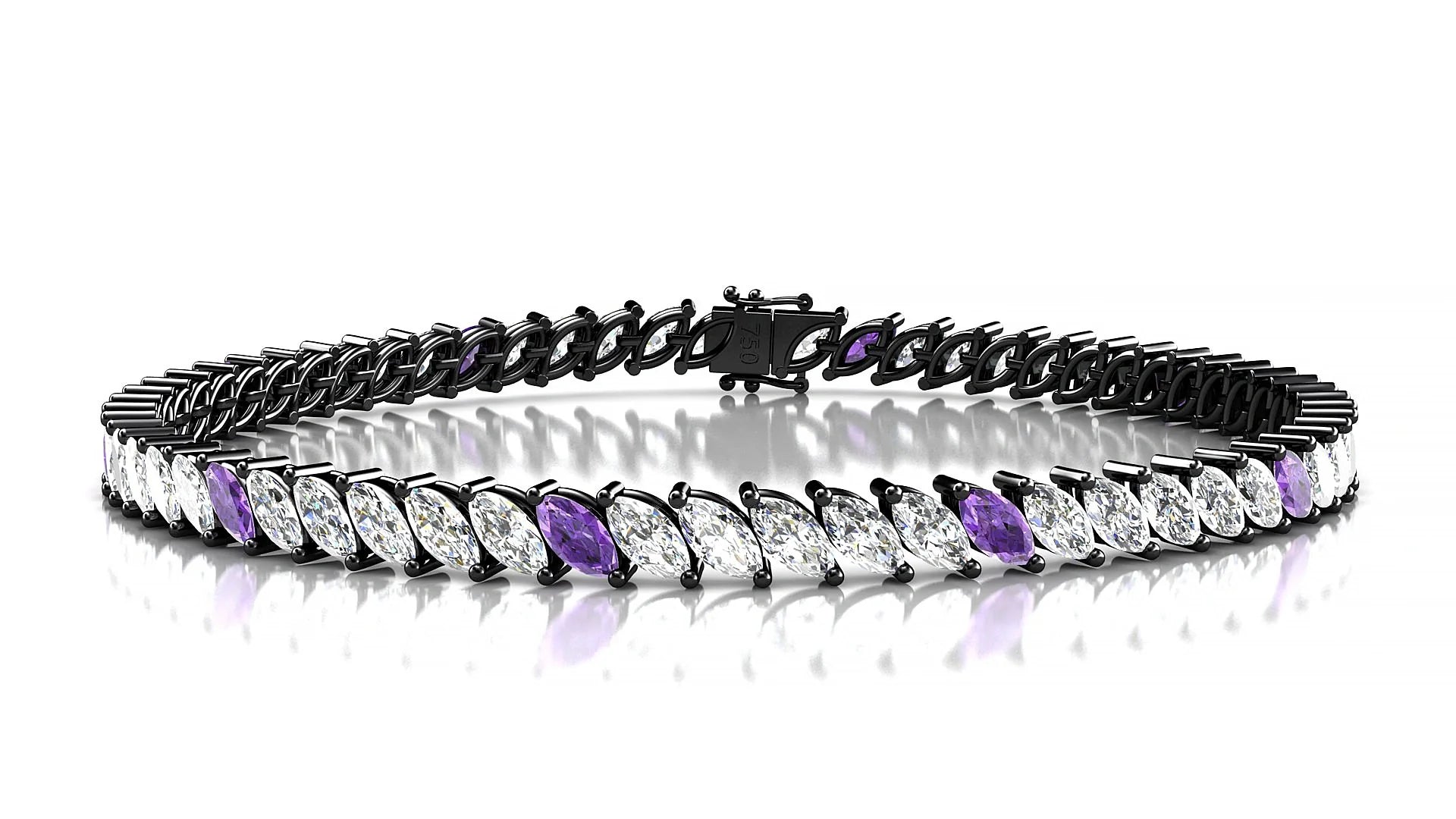 Venezia 1-5 | 18k Black Gold 5 x 2.5 mm Marquise Natural Amethyst & Diamond Tennis Bracelet