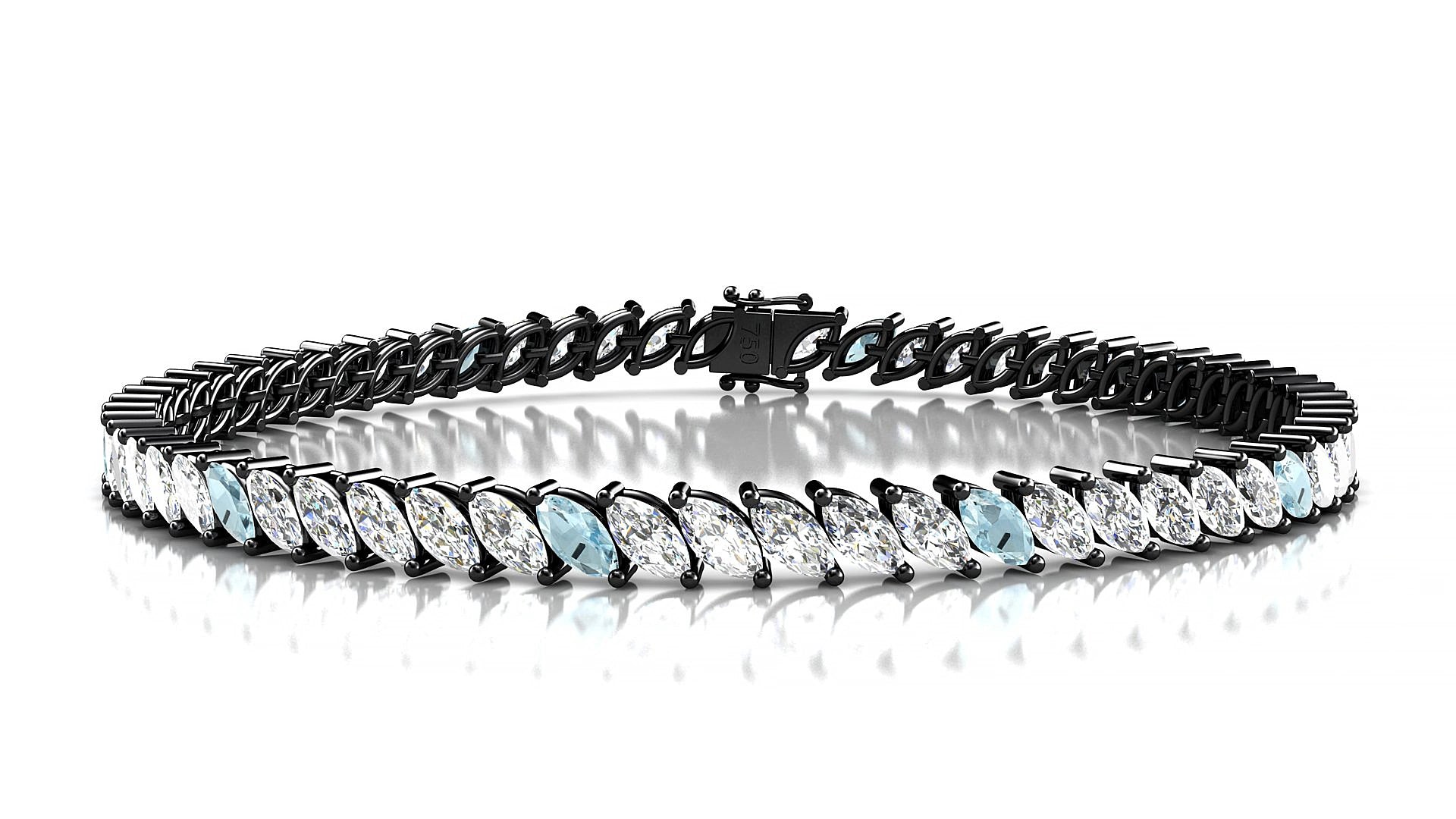Venezia 1-5 | 18k Black Gold 5 x 2.5 mm Marquise Natural Aquamarine & Diamond 15 cm Tennis Bracelet