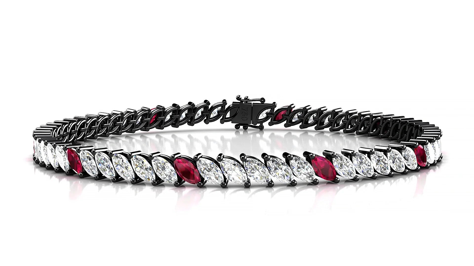 Venezia 1-5 | 18k Black Gold 5 x 2.5 mm Marquise Natural Ruby & Diamond 18 cm Tennis Bracelet