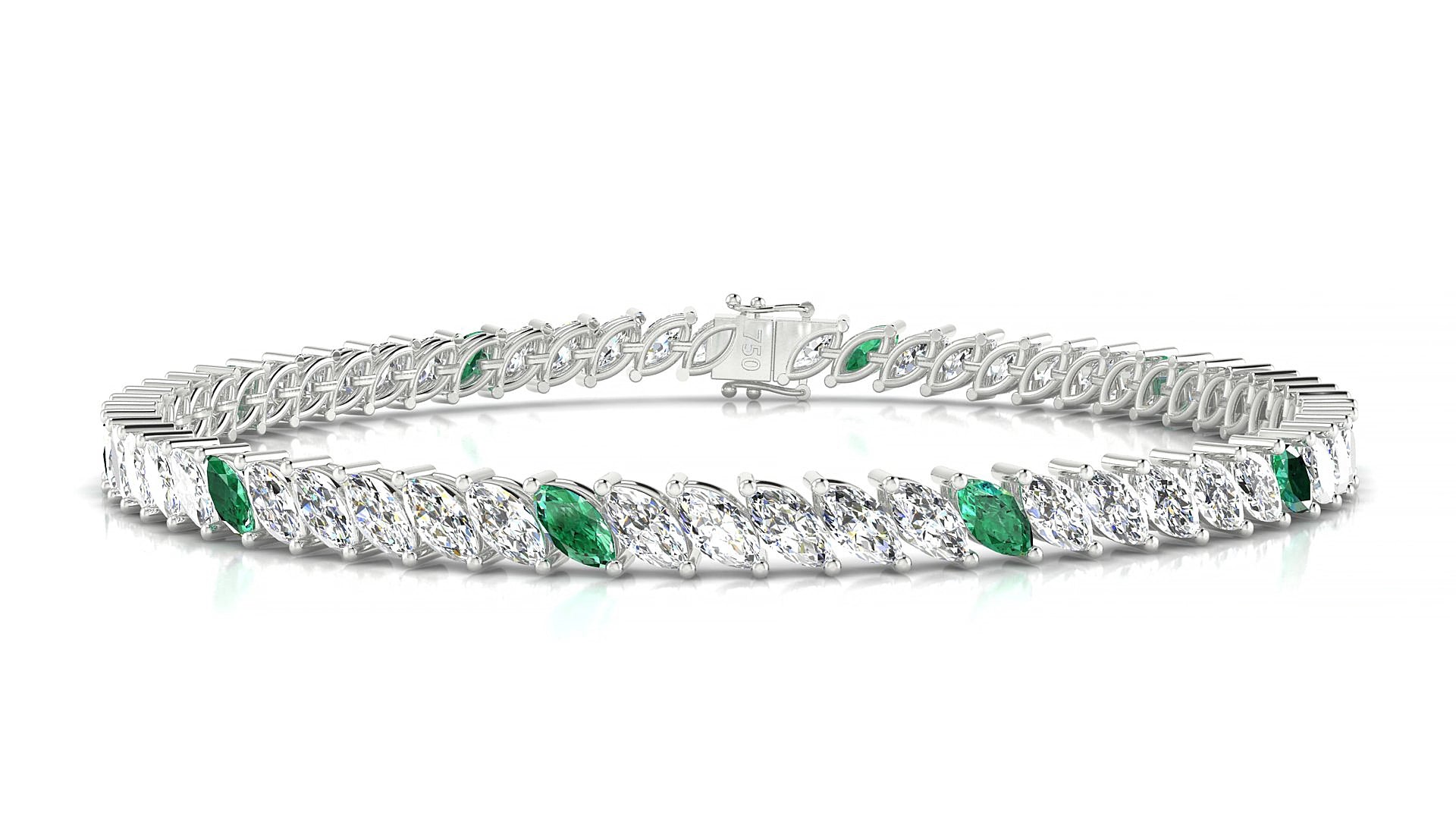 Venezia 1-5 | 18k White Gold 5 x 2.5 mm Marquise Natural Emerald & Diamond 15 cm Tennis Bracelet