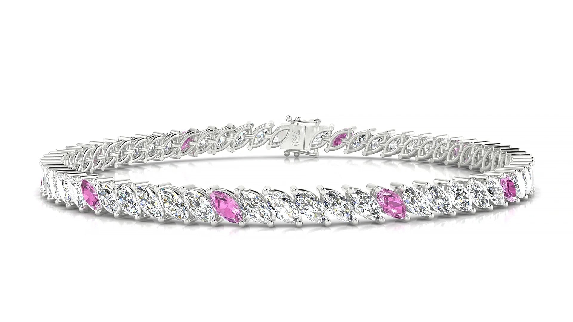 Venezia 1-5 | 18k White Gold 5 x 2.5 mm Marquise Natural Pink Sapphire & Diamond 18 cm Tennis Bracelet