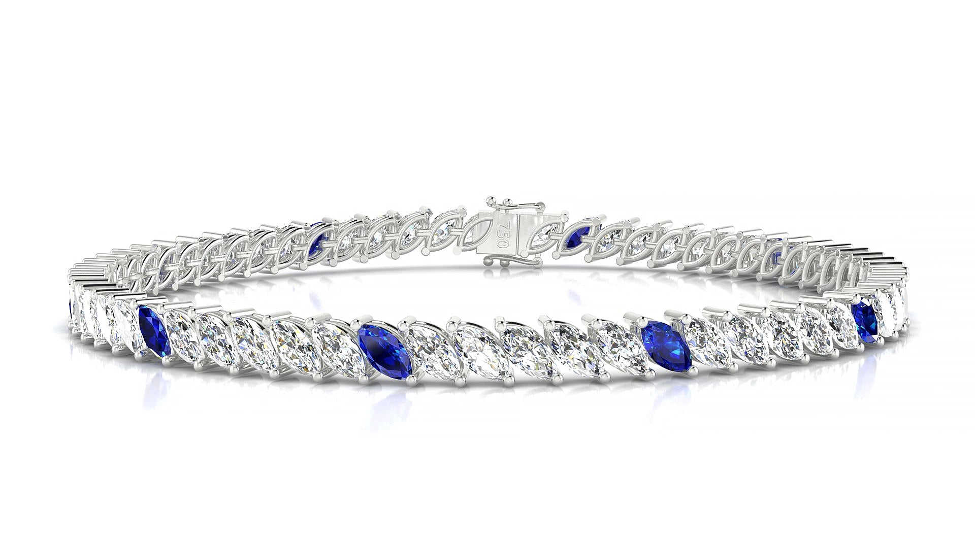 Venezia 1-5 | 18k White Gold 5 x 2.5 mm Marquise Natural Sapphire & Diamond 15 cm Tennis Bracelet
