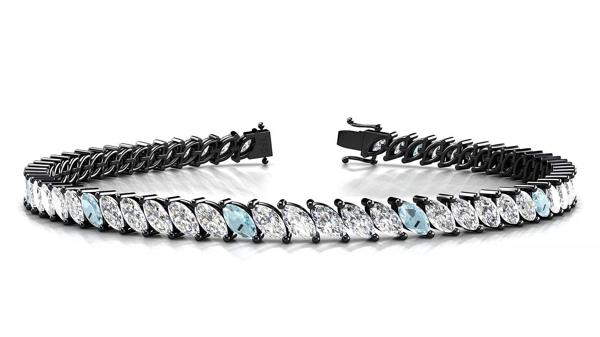 Venezia 1-5 | 18k Black Gold 5 x 2.5 mm Marquise Natural Aquamarine & Diamond 15 cm Tennis Bracelet