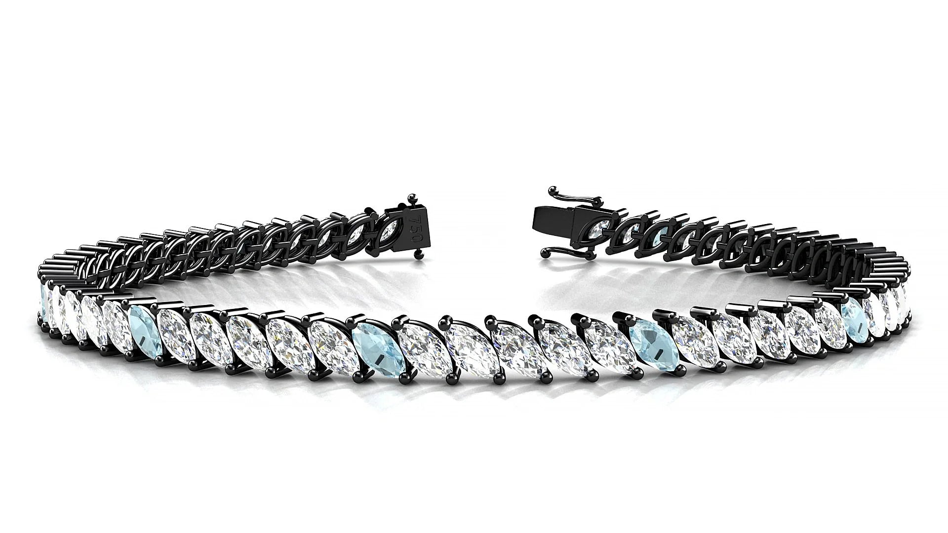 Venezia 1-5 | 18k Black Gold 5 x 2.5 mm Marquise Natural Aquamarine & Diamond Tennis Bracelet