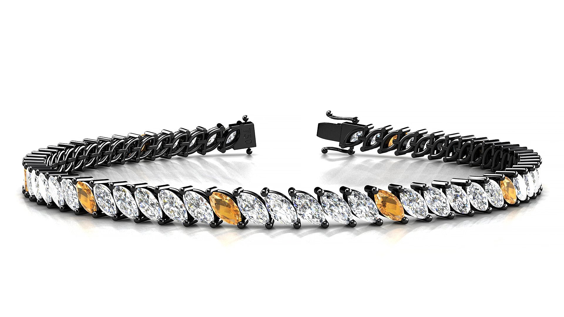 Venezia 1-5 | 18k Black Gold 5 x 2.5 mm Marquise Natural Citrine & Diamond 19 cm Tennis Bracelet