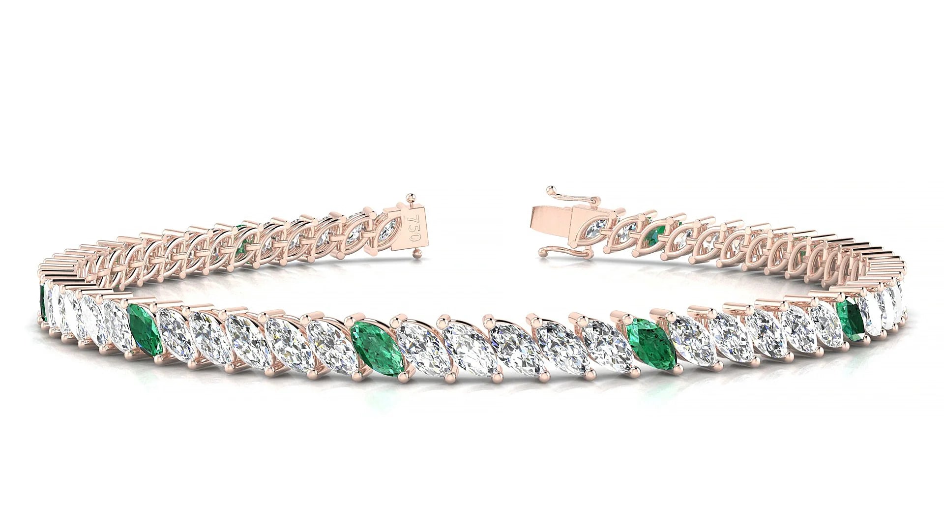 Venezia 1-5 | 18k Rose Gold 5 x 2.5 mm Marquise Natural Emerald & Diamond 18 cm Tennis Bracelet