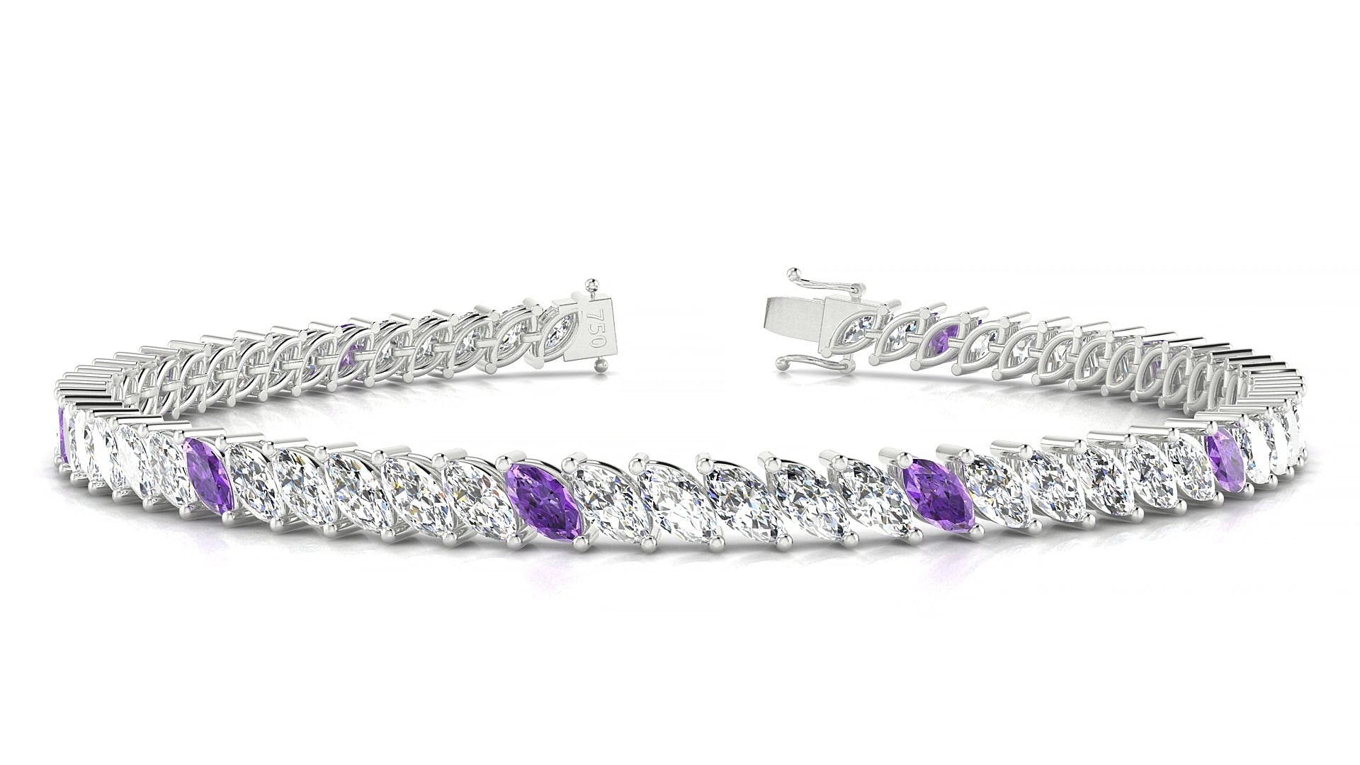 Venezia 1-5 | 18k White Gold 5 x 2.5 mm Marquise Natural Amethyst & Diamond 16 cm Tennis Bracelet