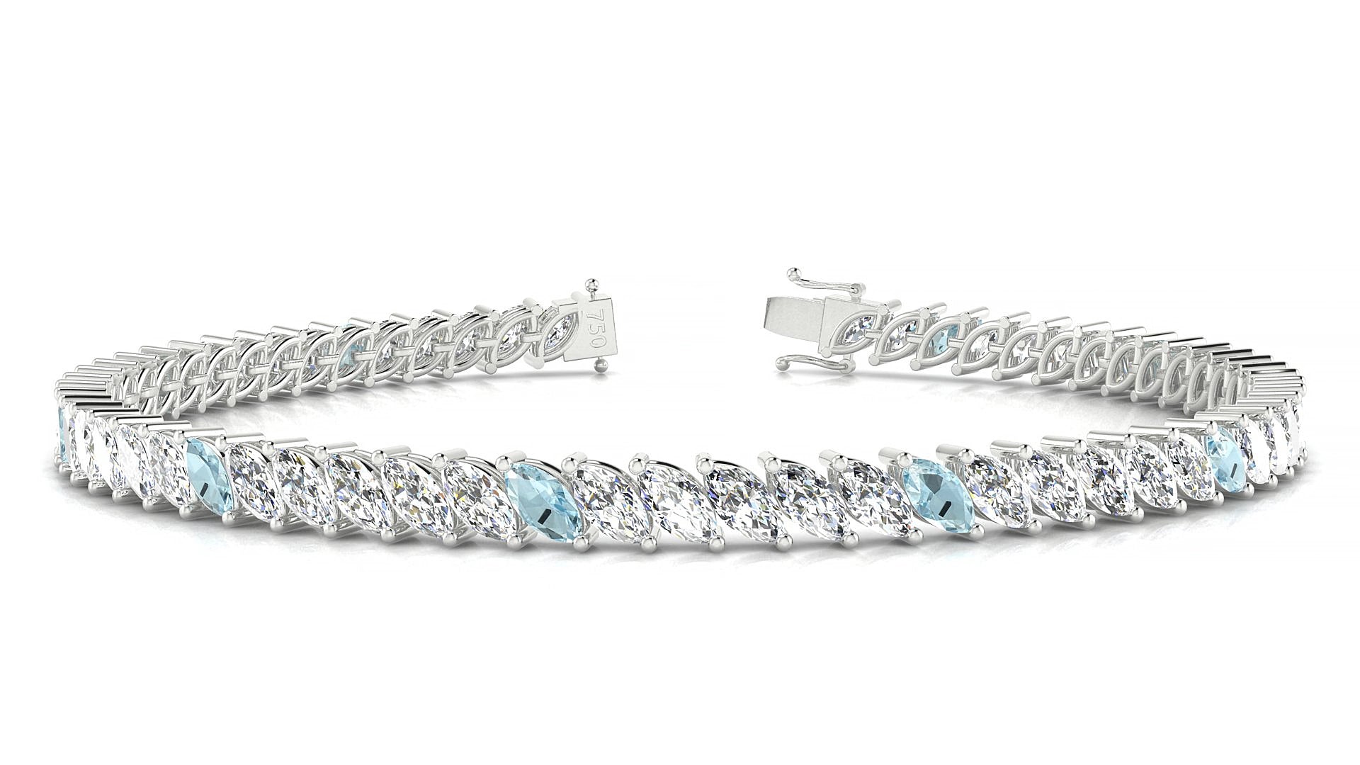 Venezia 1-5 | 18k White Gold 5 x 2.5 mm Marquise Natural Aquamarine & Diamond 15 cm Tennis Bracelet