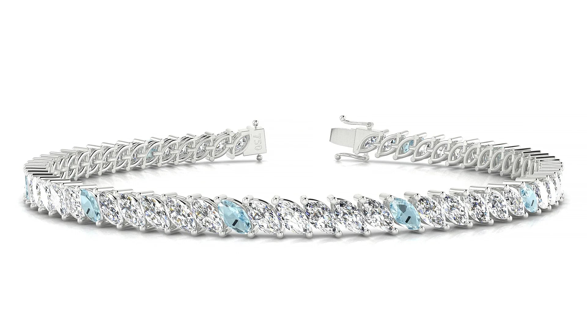 Venezia 1-5 | 18k White Gold 5 x 2.5 mm Marquise Natural Aquamarine & Diamond Tennis Bracelet