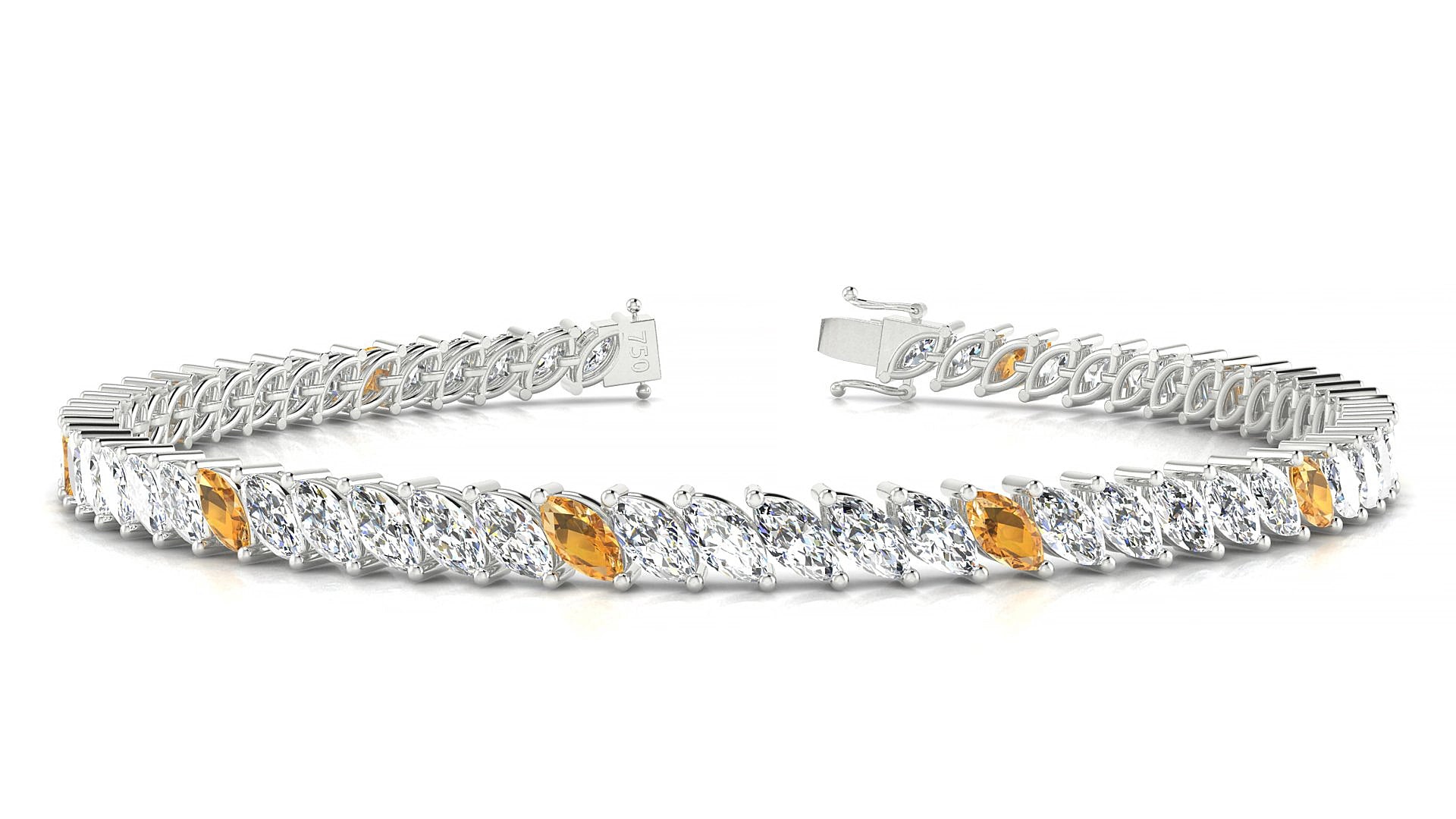 Venezia 1-5 | 18k White Gold 5 x 2.5 mm Marquise Natural Citrine & Diamond 17 cm Tennis Bracelet