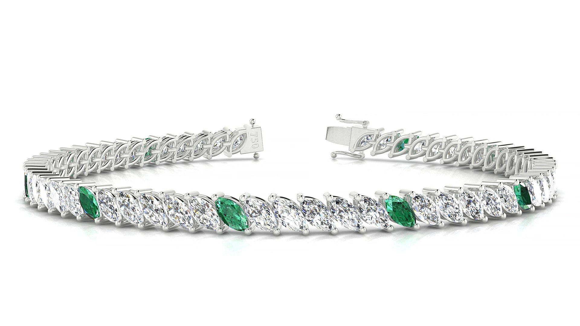 Venezia 1-5 | 18k White Gold 5 x 2.5 mm Marquise Natural Emerald & Diamond 15 cm Tennis Bracelet