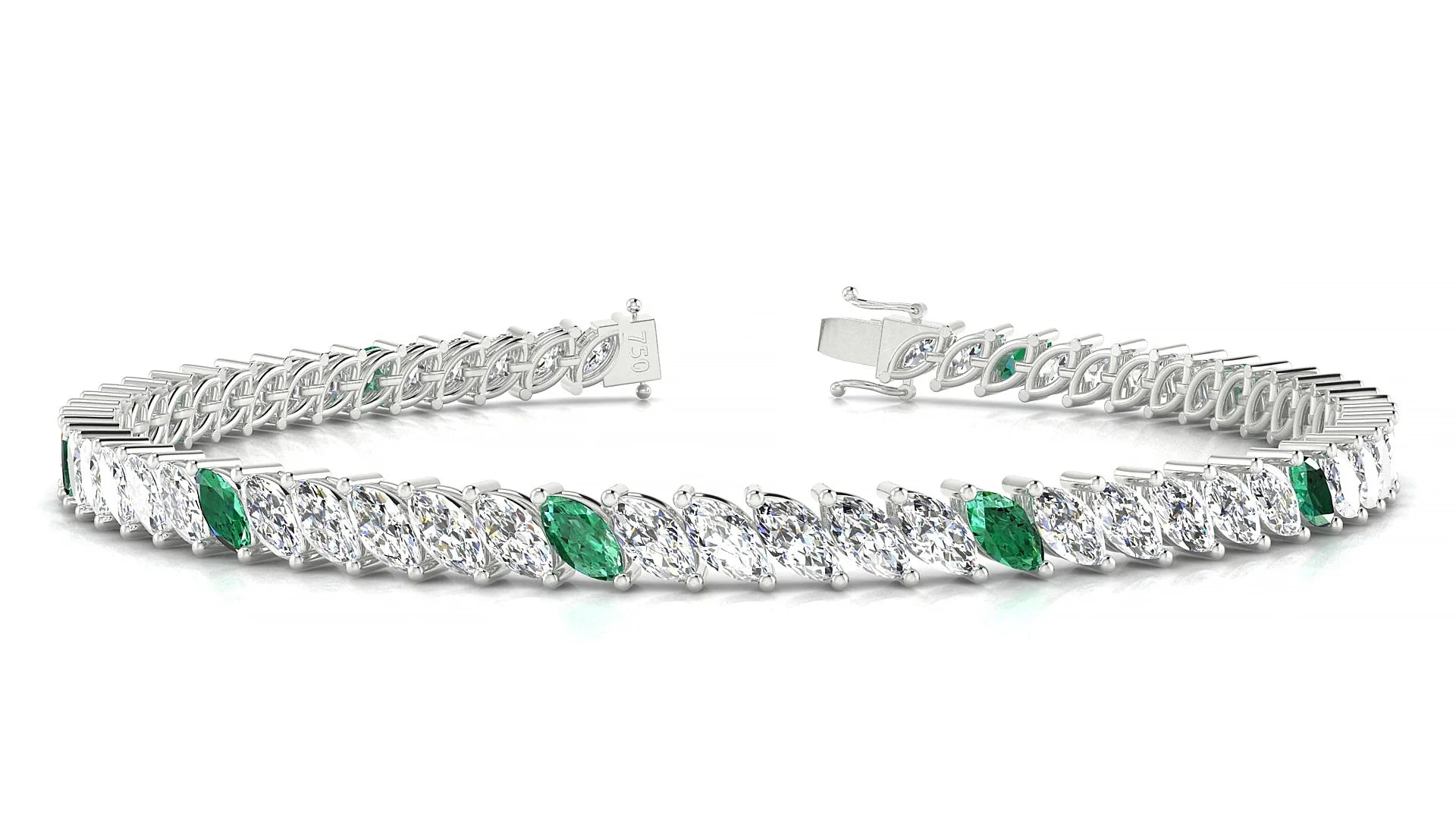 Venezia 1-5 | 18k White Gold 5 x 2.5 mm Marquise Natural Emerald & Diamond 18 cm Tennis Bracelet