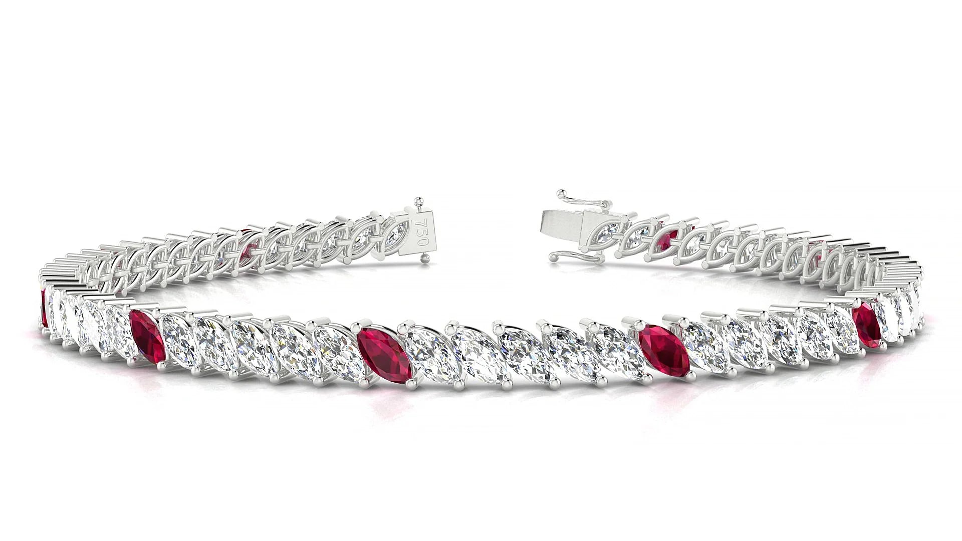 Venezia 1-5 | 18k White Gold 5 x 2.5 mm Marquise Natural Ruby & Diamond 18 cm Tennis Bracelet