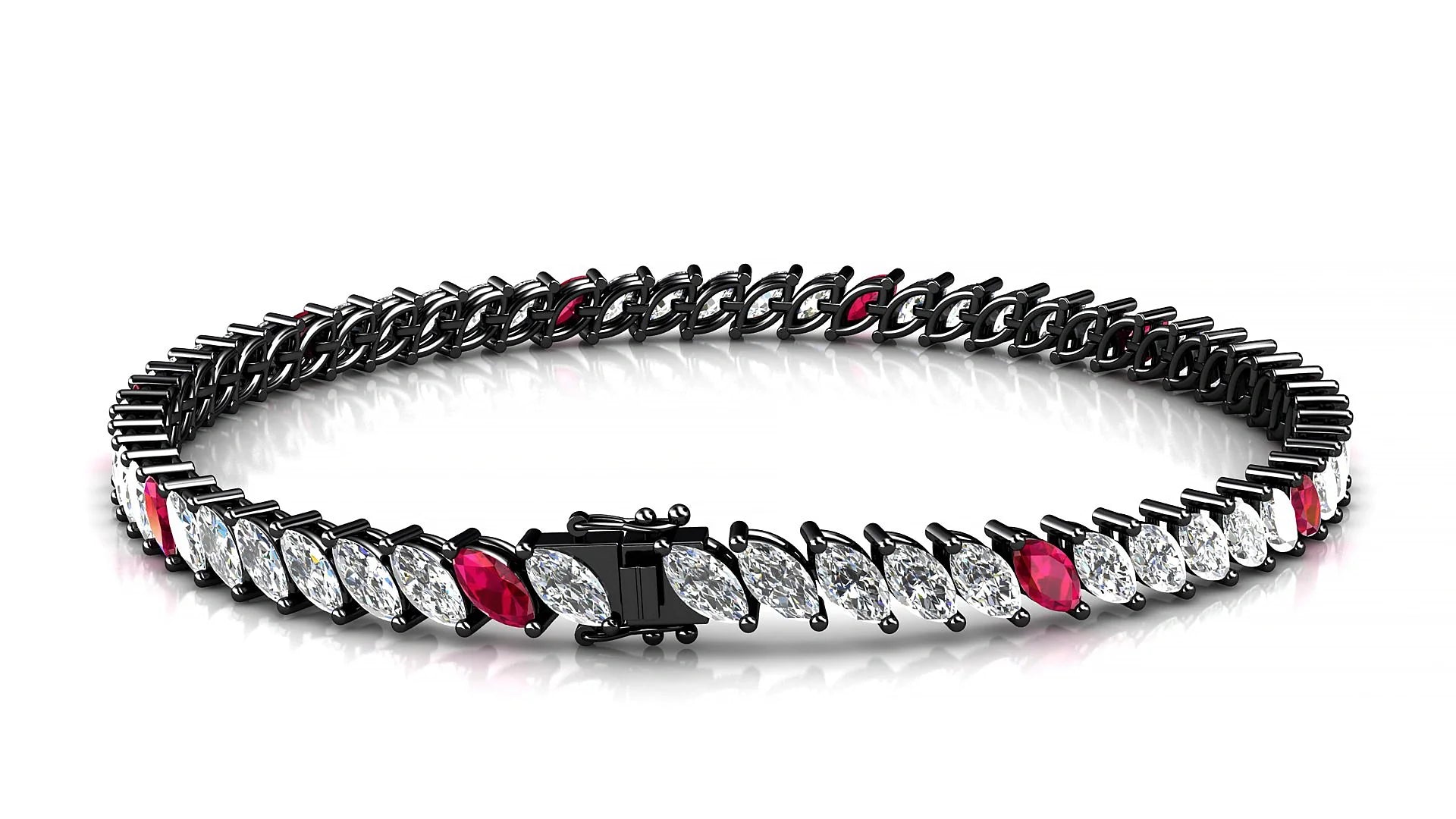 Venezia 1-5 | 18k Black Gold 5 x 2.5 mm Marquise Natural Ruby & Diamond 18 cm Tennis Bracelet