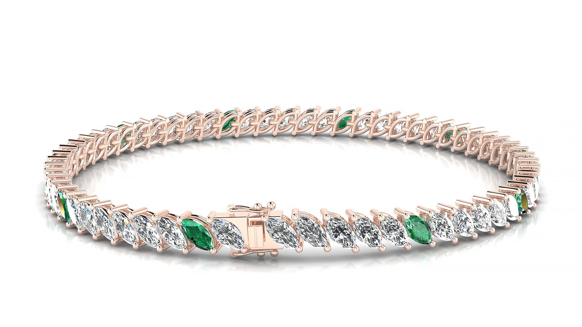 Venezia 1-5 | 18k Rose Gold 5 x 2.5 mm Marquise Natural Emerald & Diamond 15 cm Tennis Bracelet