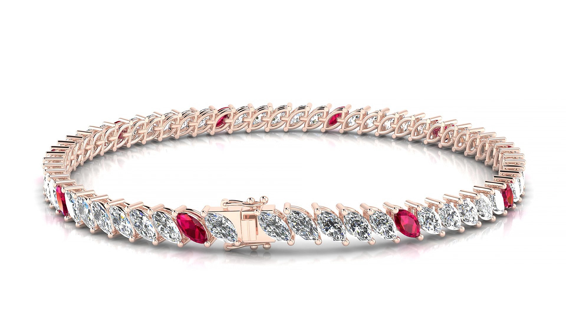Venezia 1-5 | 18k Rose Gold 5 x 2.5 mm Marquise Natural Ruby & Diamond 15 cm Tennis Bracelet