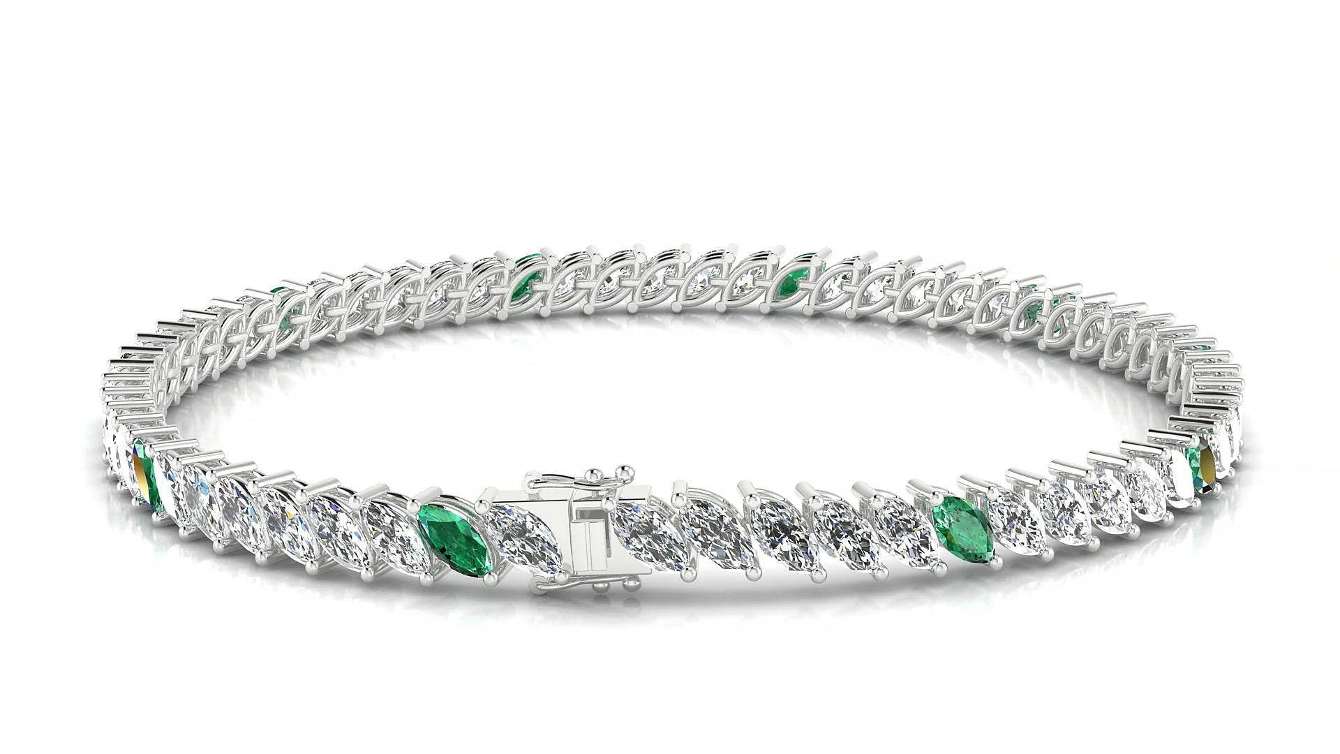 Venezia 1-5 | 18k White Gold 5 x 2.5 mm Marquise Natural Emerald & Diamond 18 cm Tennis Bracelet