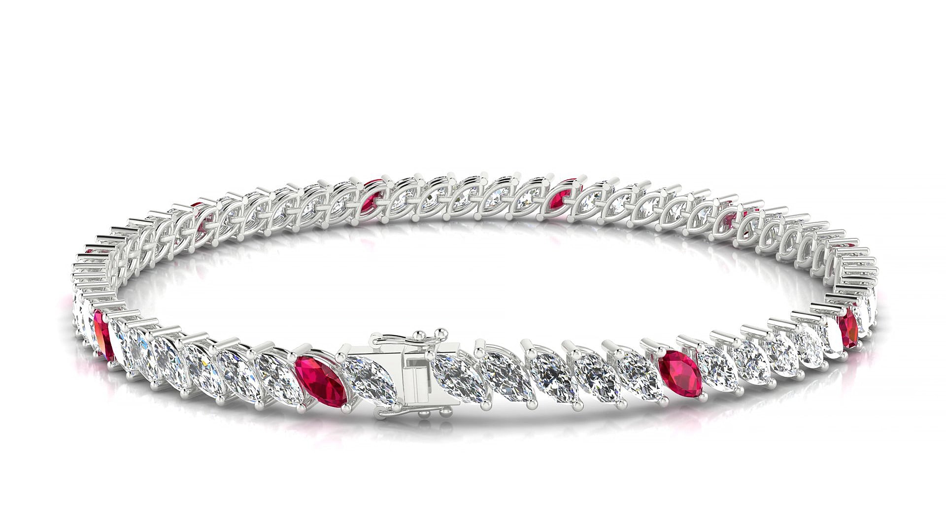 Venezia 1-5 | 18k White Gold 5 x 2.5 mm Marquise Natural Ruby & Diamond 15 cm Tennis Bracelet