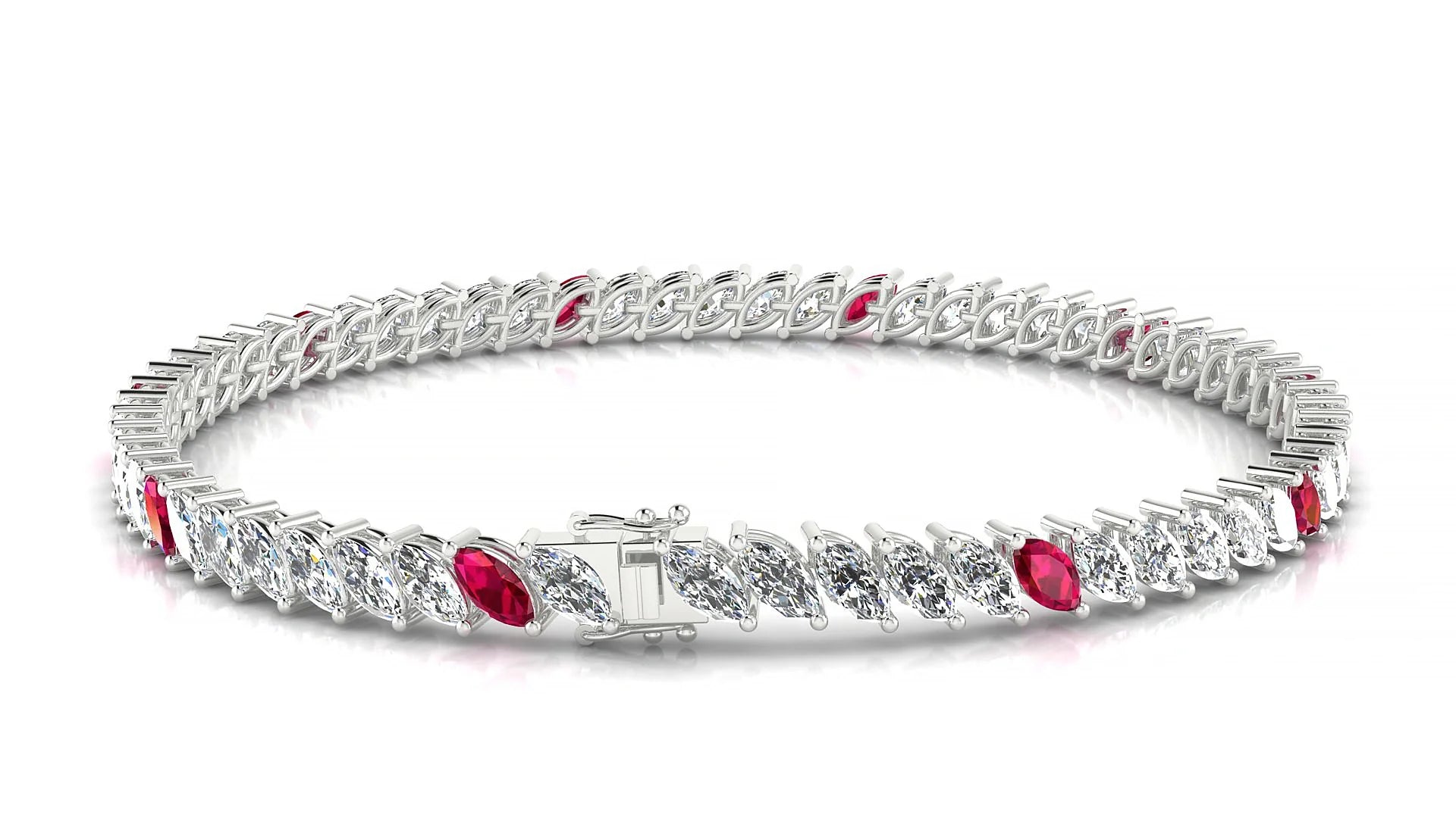 Venezia 1-5 | 18k White Gold 5 x 2.5 mm Marquise Natural Ruby & Diamond 18 cm Tennis Bracelet