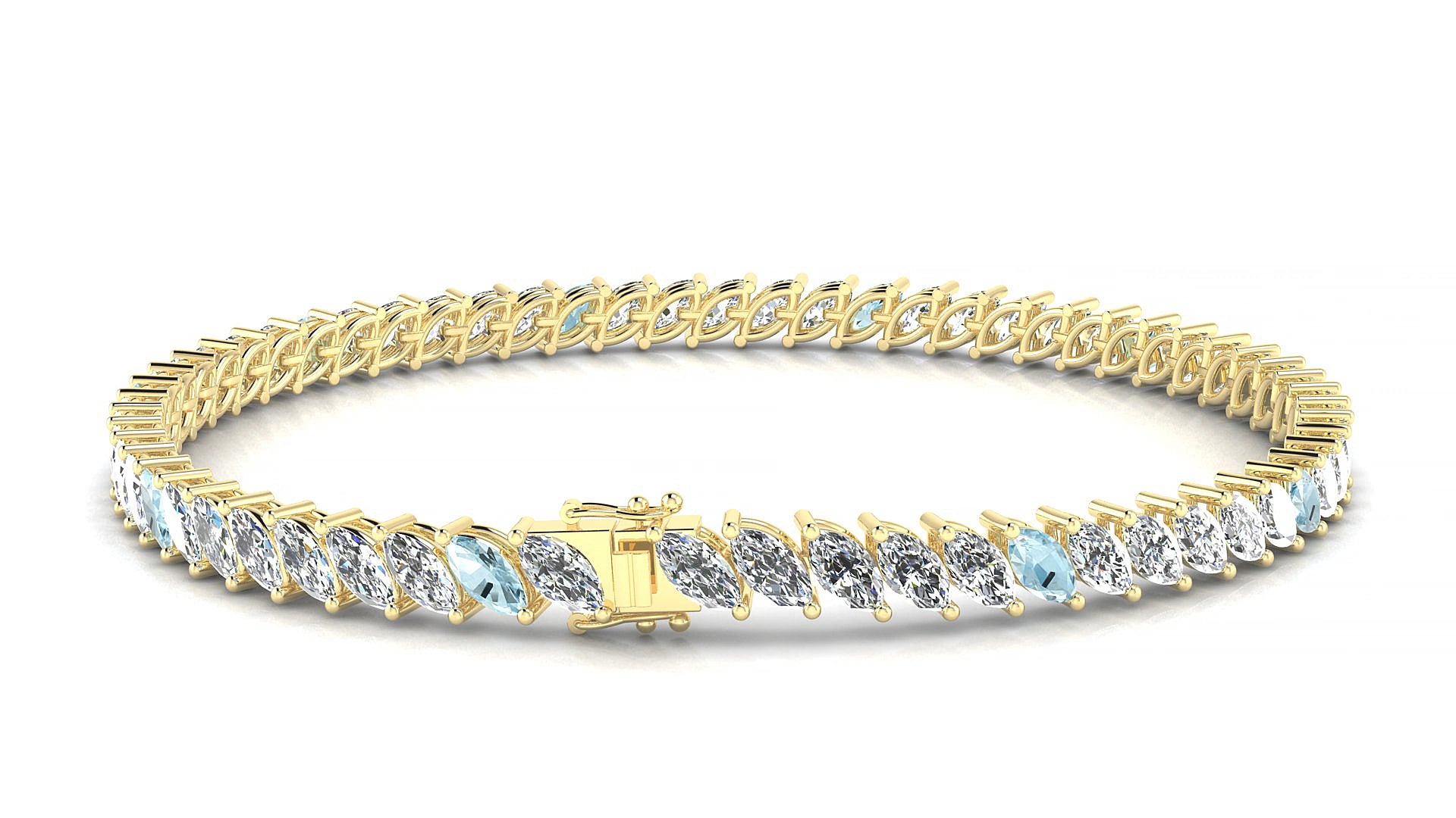 Venezia 1-5 | 18k Yellow Gold 5 x 2.5 mm Marquise Natural Aquamarine & Diamond 15 cm Tennis Bracelet