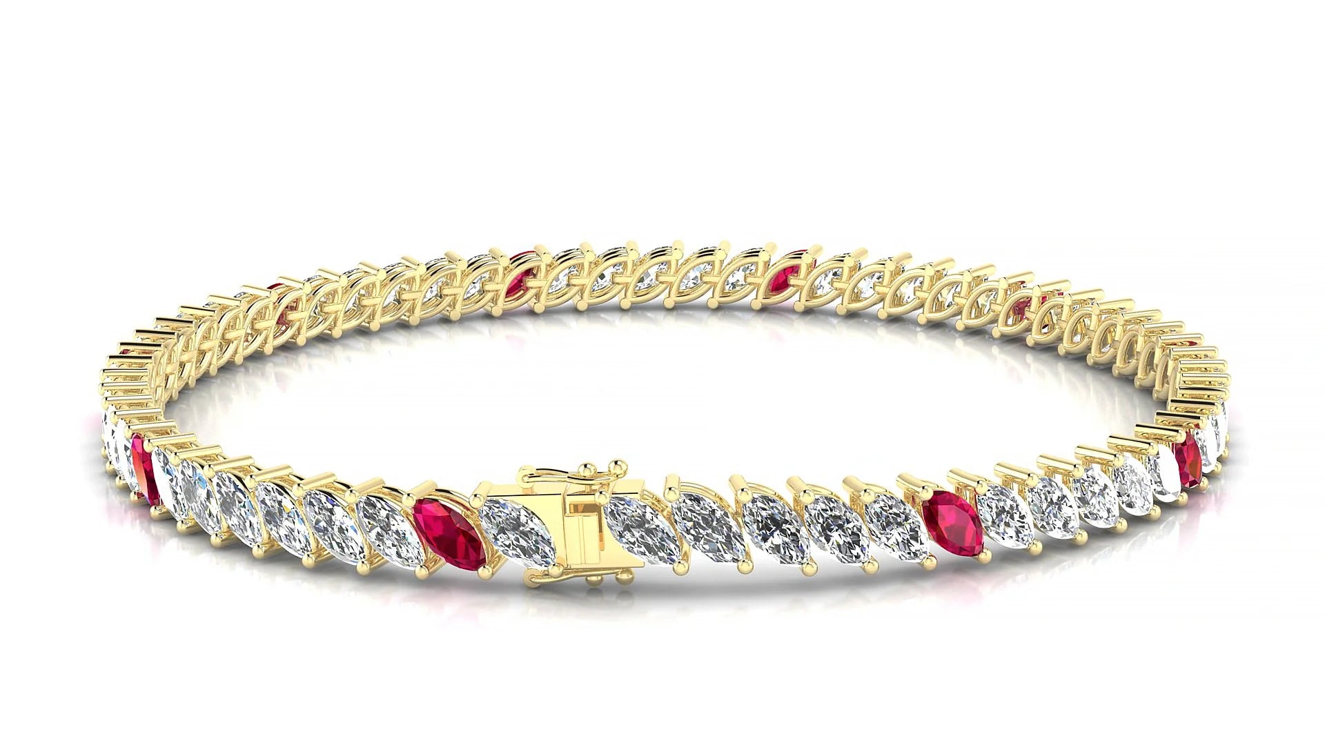 Venezia 1-5 | 18k Yellow Gold 5 x 2.5 mm Marquise Natural Ruby & Diamond 18 cm Tennis Bracelet
